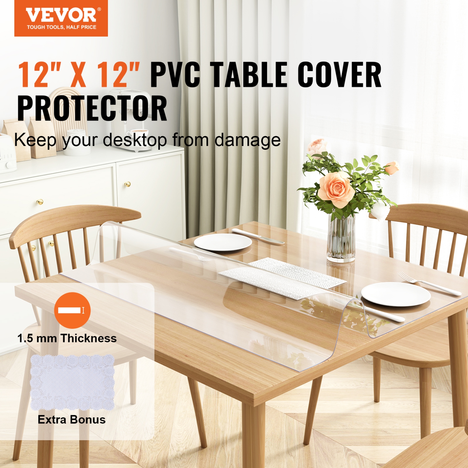 VEVOR 12" x 12" Clear Table Cover Protector, 305 x 305 mm Table Cover, 1.5 mm Thick PVC Plastic Tablecloth, Waterproof Desktop Protector for Writing