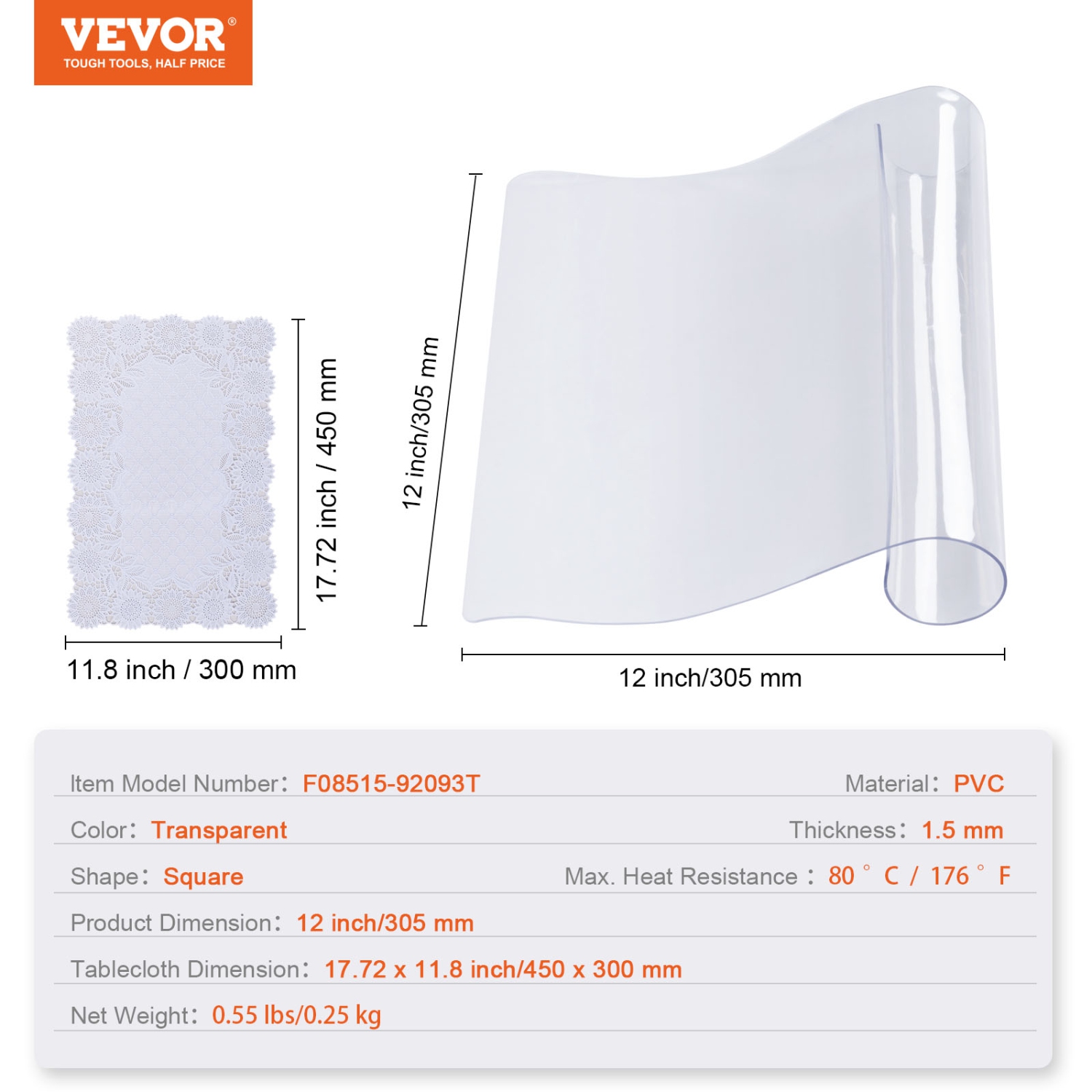 VEVOR 12" x 12" Clear Table Cover Protector, 305 x 305 mm Table Cover, 1.5 mm Thick PVC Plastic Tablecloth, Waterproof Desktop Protector for Writing