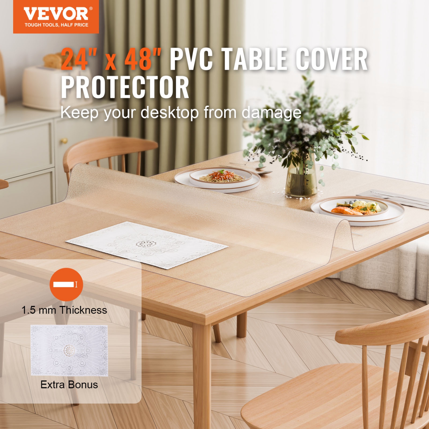 VEVOR 24 x 48 Inch Plastic Table Cover, 1.5 mm Thick Frosted Table Protector, Rectangle PVC Desk Mat, Waterproof & Easy Cleaning Desk Pad Tablecloth,