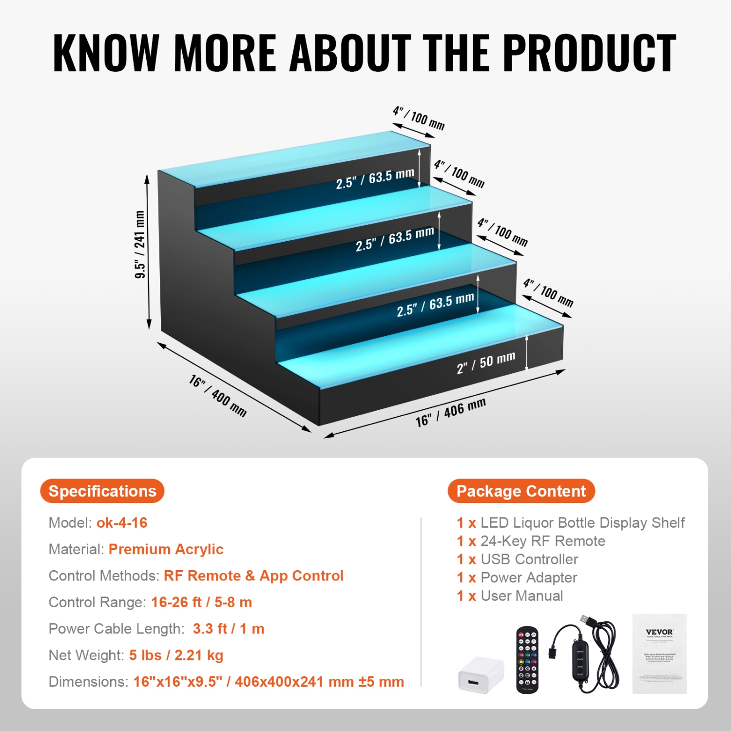 VEVOR 4 Tiers LED Lighted Liquor Bottle Display, 16 Inch Commercial Illuminated Home Bar Shelf, 4 Steps Whiskey Rack Stand, Acrylic Drink Shelves