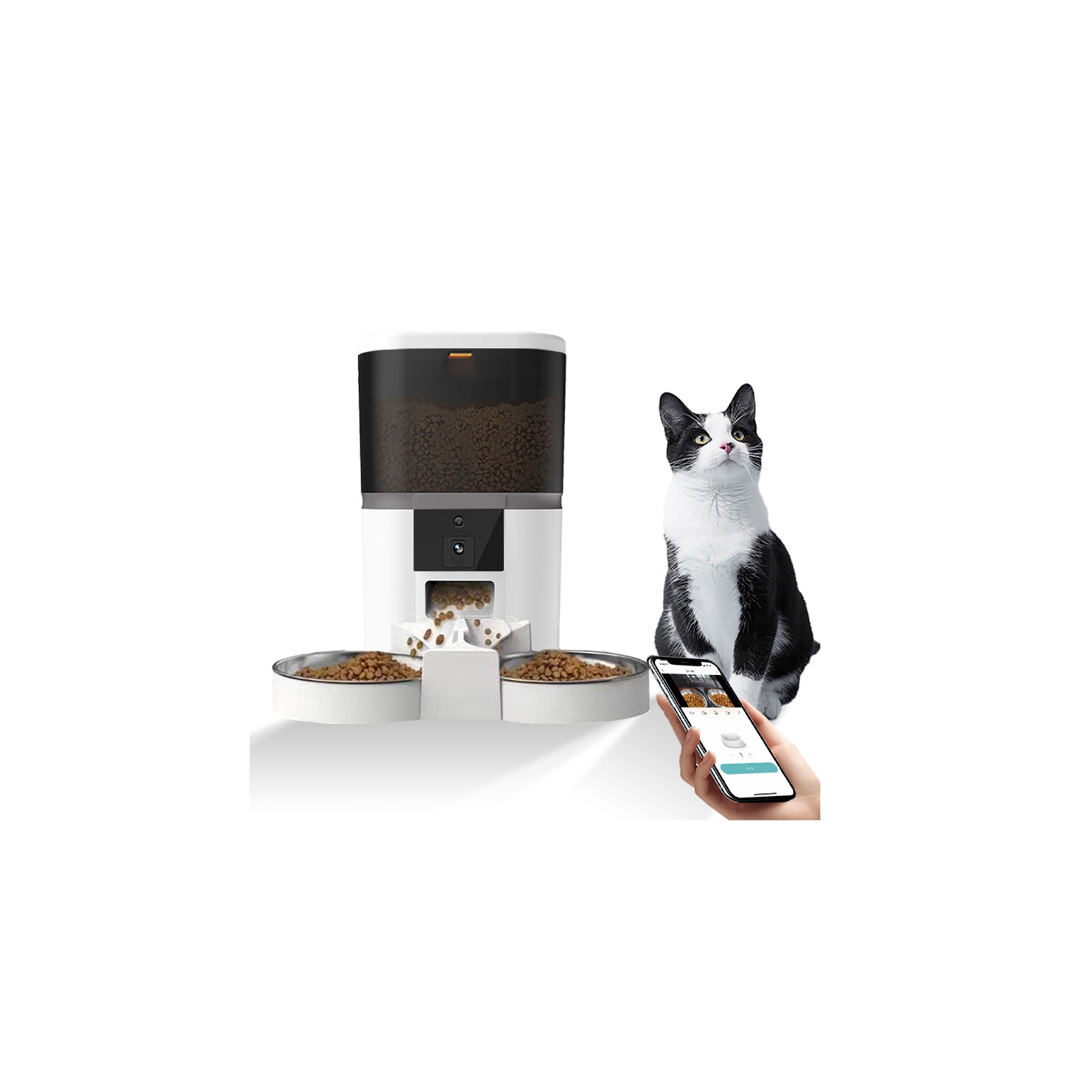 Pets Feeder with Camera Dual Feeding Automatic APP Control Cat Dog Feeder-White