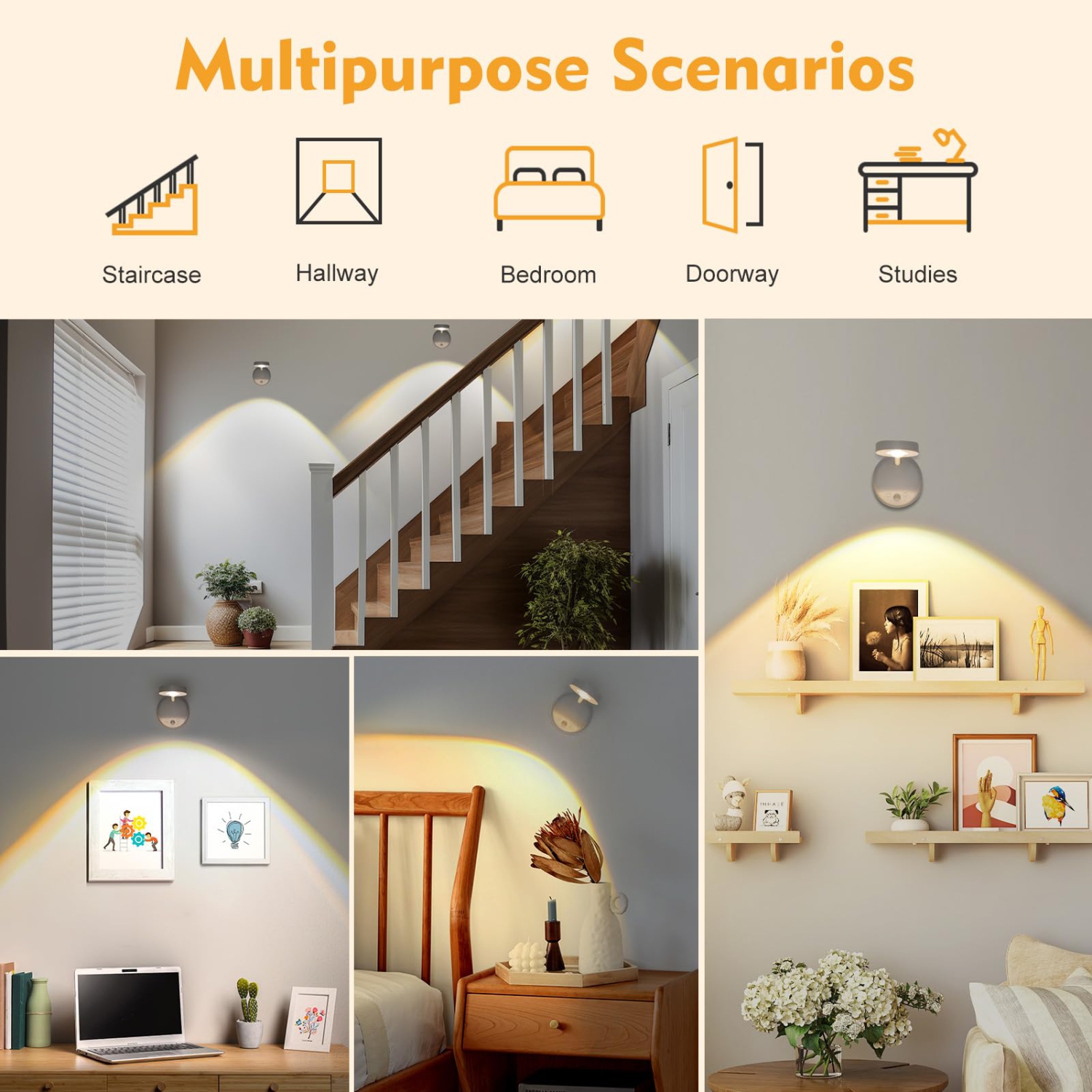 2PCS Détecteur de mouvement Lampe murale rechargeable Applique murale à intensité réglable 3CCT Projecteur sans fil pour armoire de couloir d'escalier