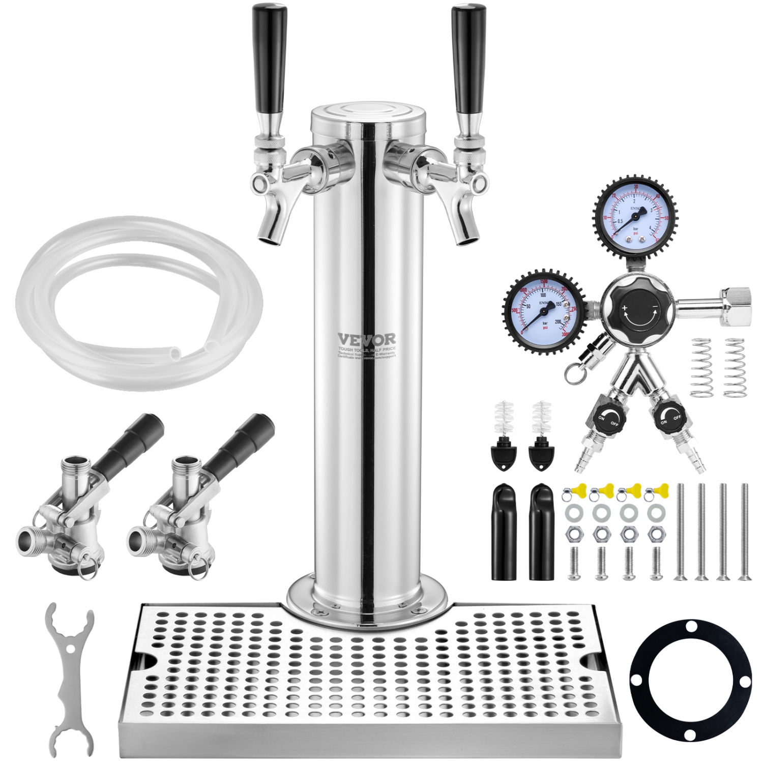 VEVOR CGA320 Kegerator Tower Kit, Dual Taps Beer Conversion Kit, Stainless Steel Keg Beer Tower Dispenser with Dual Gauge Regulator & D-System Keg