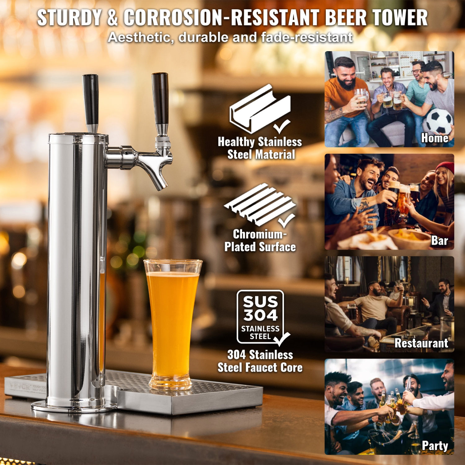 VEVOR CGA320 Kegerator Tower Kit, Dual Taps Beer Conversion Kit, Stainless Steel Keg Beer Tower Dispenser with Dual Gauge Regulator & D-System Keg