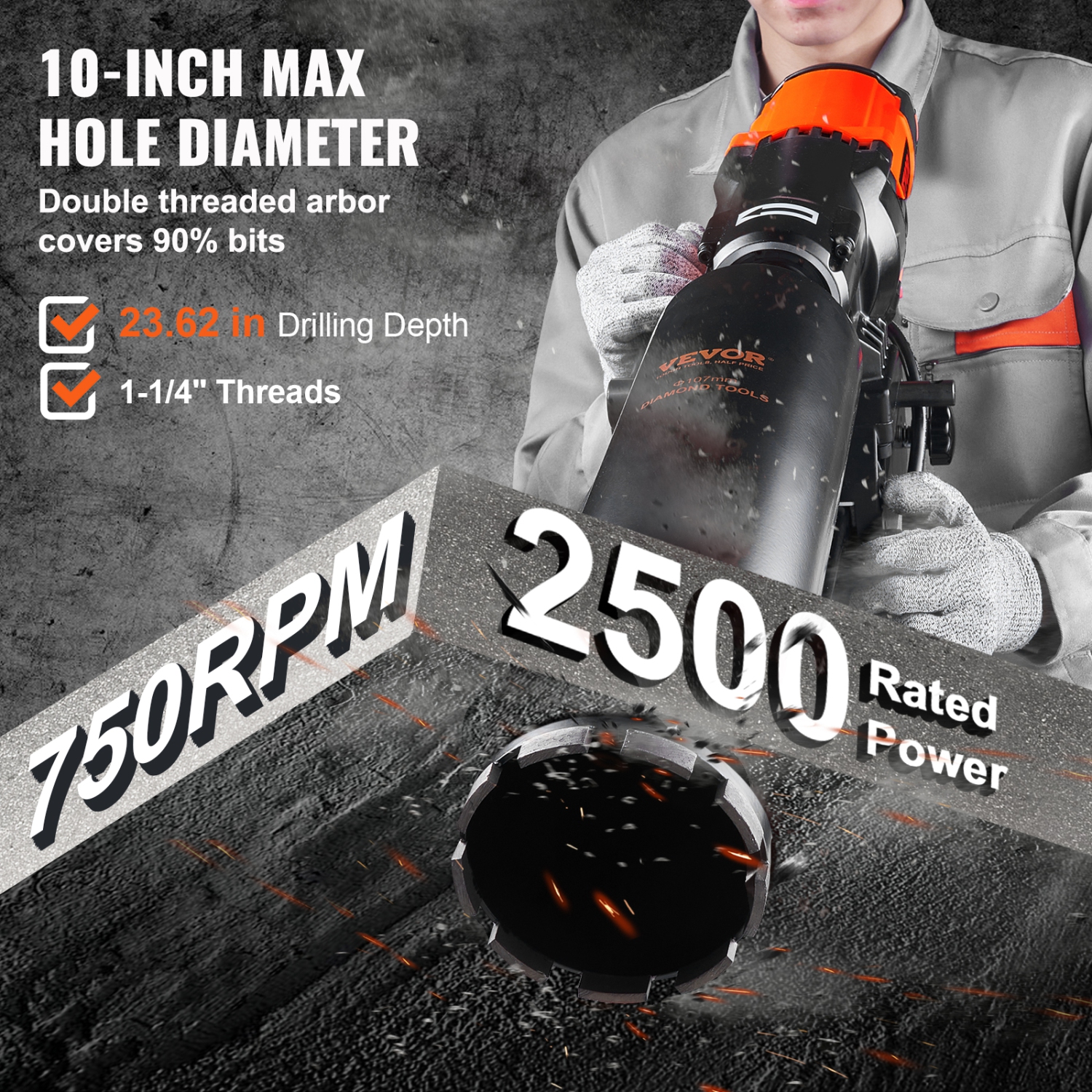 Bâti de perceuse humide pour béton VEVOR 10&nbsp;po avec roues en support, filetage 750&nbsp;tr/min Speed & 1-1/4&nbsp;po et poignée de levage,