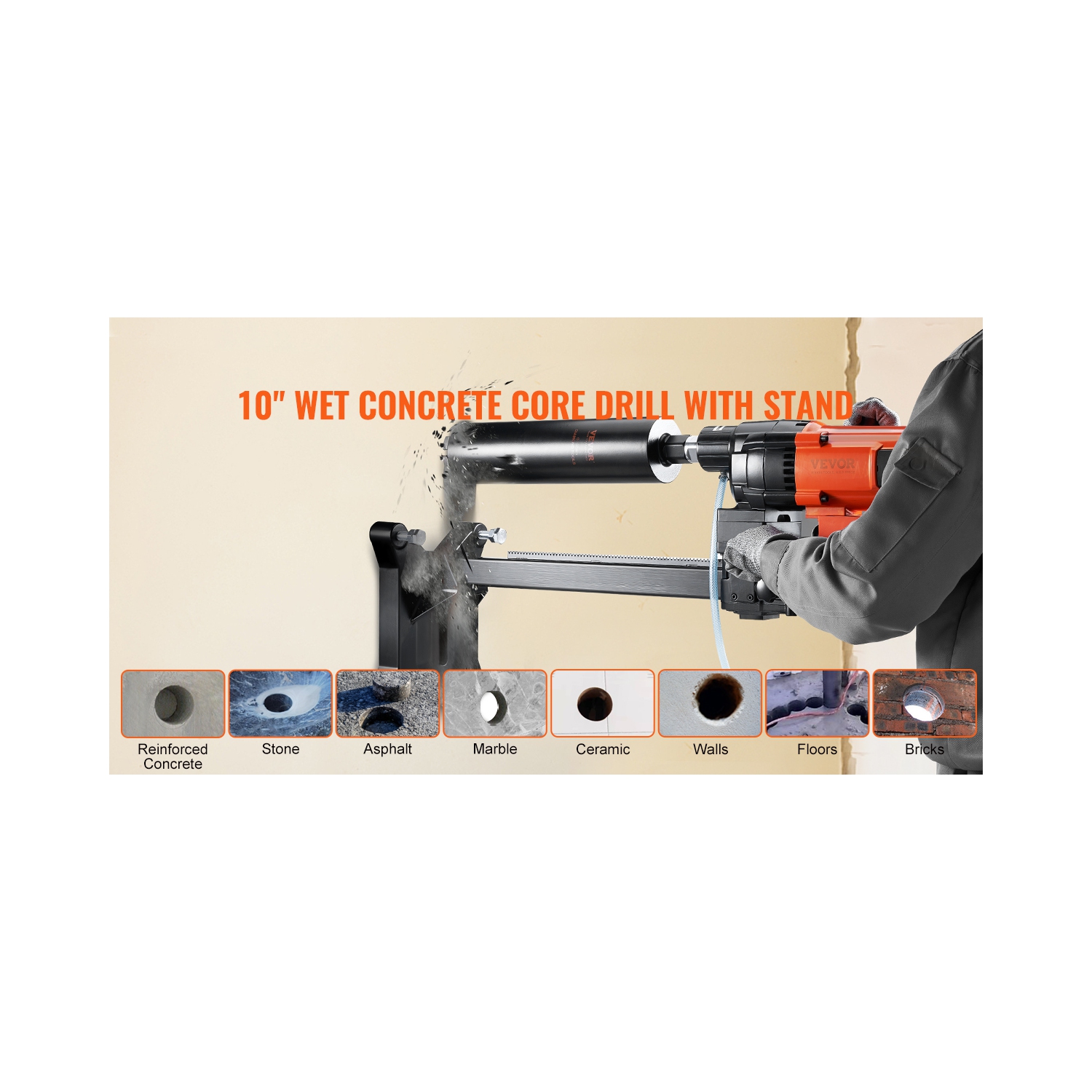 Bâti de perceuse humide pour béton VEVOR 10&nbsp;po avec roues en support, filetage 750&nbsp;tr/min Speed & 1-1/4&nbsp;po et poignée de levage,