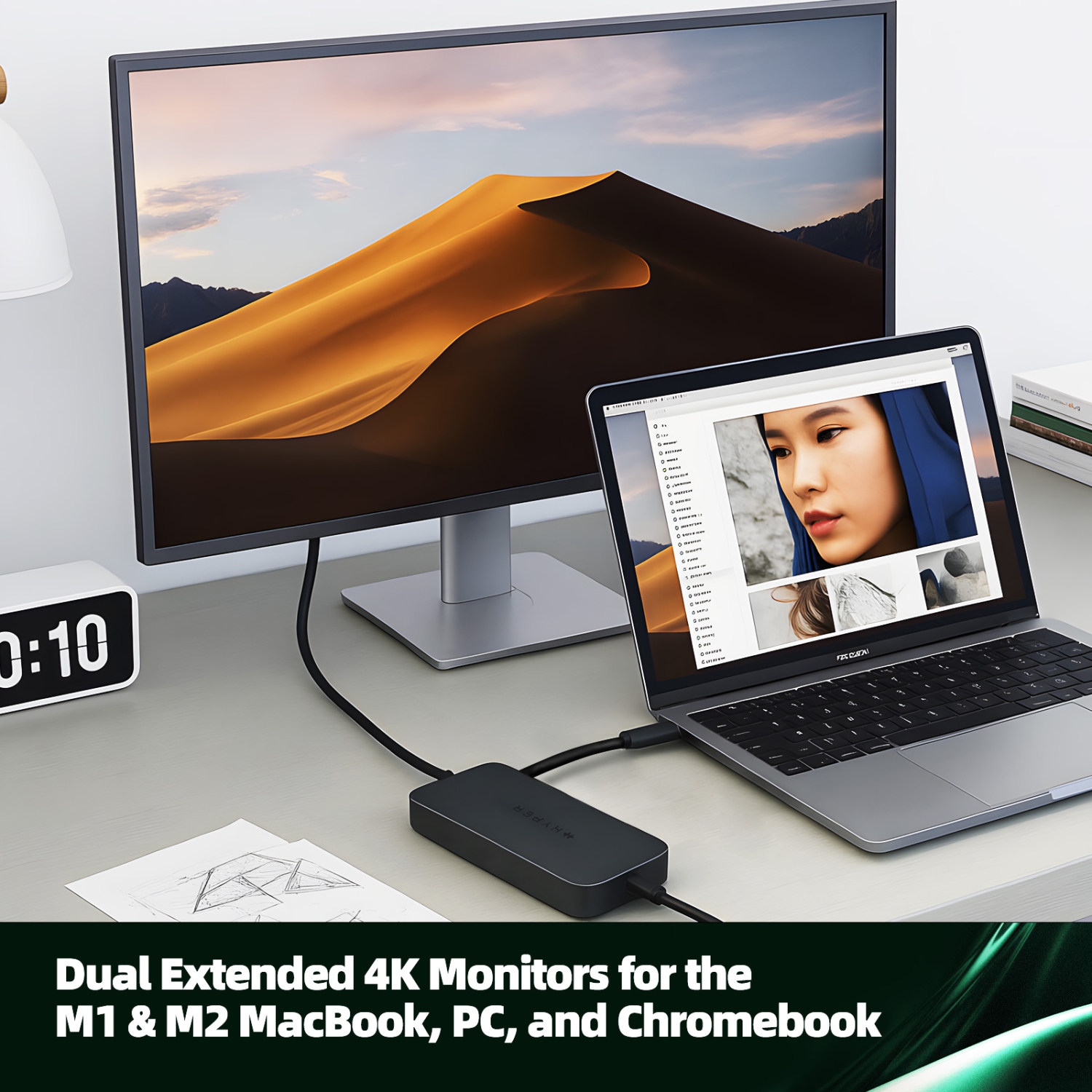 HyperDrive EcoSmart Dual 4K USB-C Dock, 7-in-1 USB-C Hub for MacBook Pro/Air, with 6 Cables Bundle, Dual 4K HDMI, 100W PD, Gigabit Ethernet