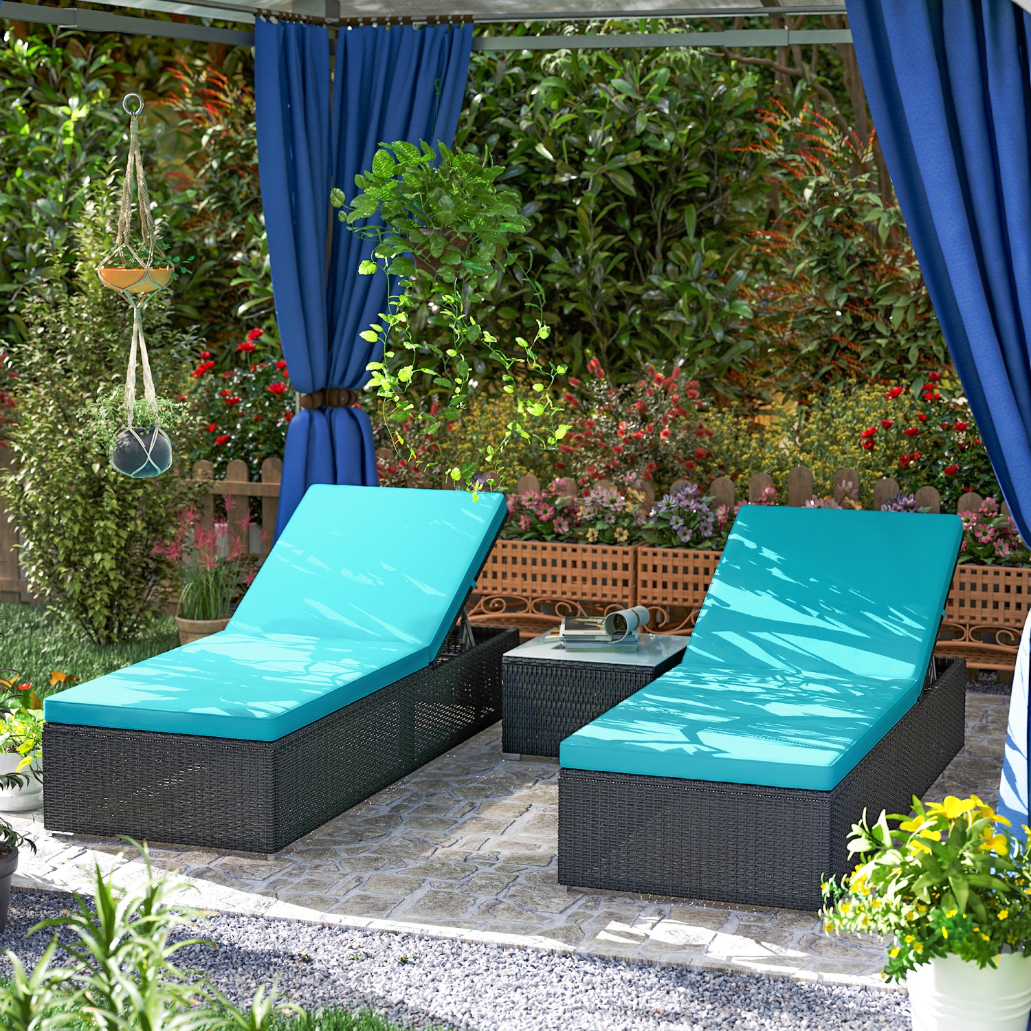 Ensemble 3 pièces chaises longues Outsunny, table d'appoint, lit d'extérieur en rotin synthétique, coussin toutes saisons, turquoise pâle
