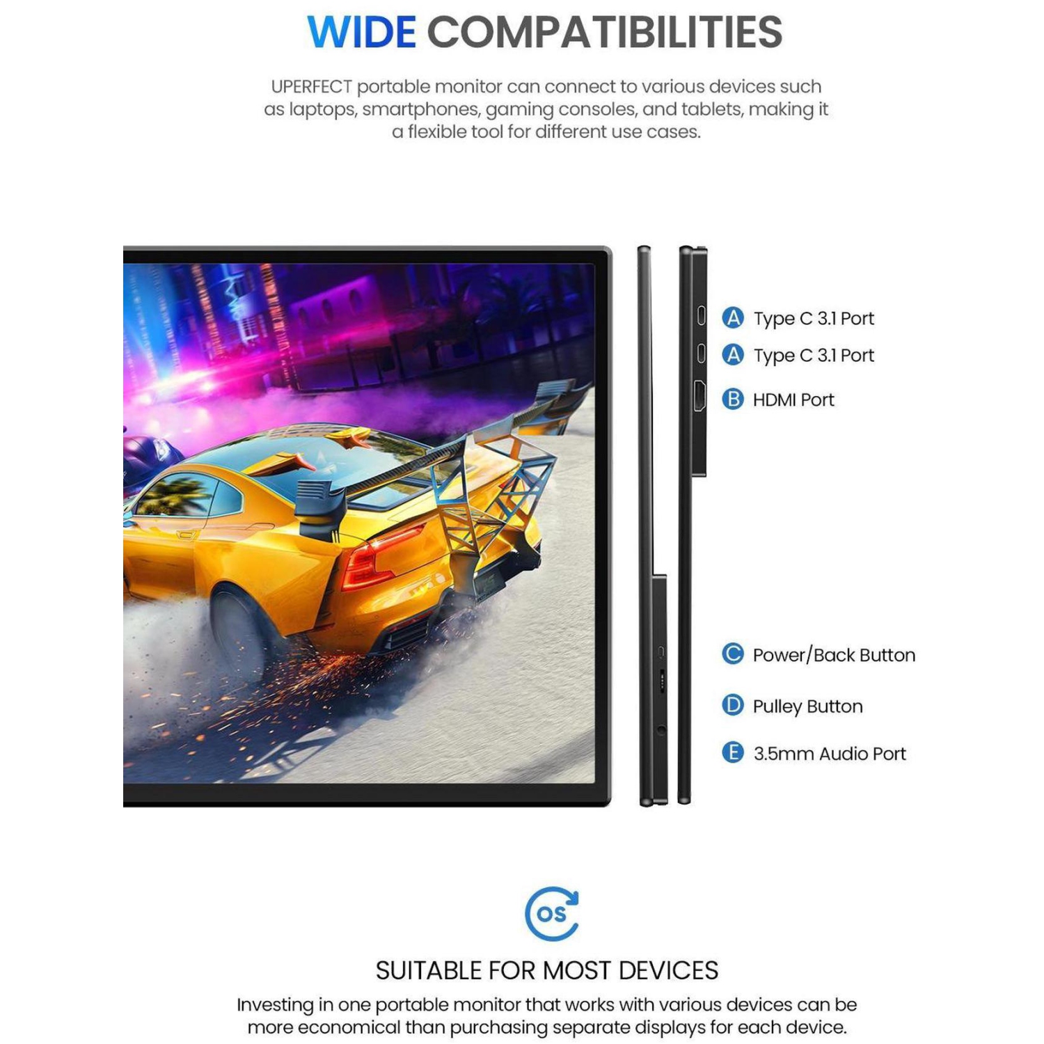 Moniteur portatif UPERFECT 120 Hz 21,5&nbsp;po avec béquille et VESA, grand moniteur de jeu portatif avec HDMI de type C, écran externe pour