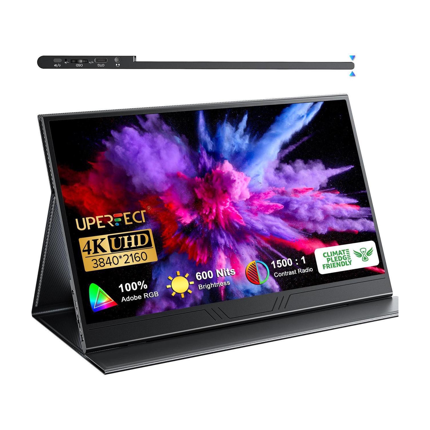 UPERFECT True 4K Portable Monitor, 15.6" UHD IPS 3840x2160, 600 Nits Brightness, 100% AdobeRGB, USB-C, HDMI, OTG, HDR, FreeSync, Dual Speakers, Arch Metal Frame