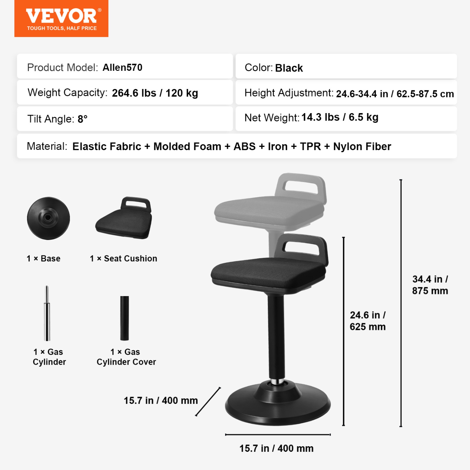 VEVOR 24.6-34.4" Active Chair with Handle, Height-Adjustable Wobble Chair Made of Elastic Fabric & 45 mm Foam, Ideal for Schools, Office and Home, 8°