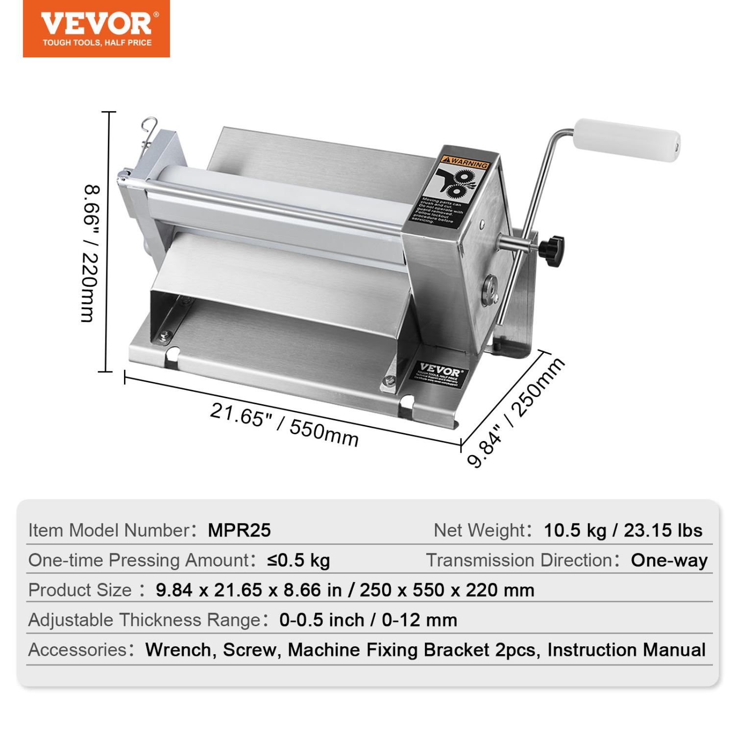 VEVOR 1/2 inch Manual Dough Sheeter Machine,Puff Pastry Sheeter and Fondant Roller,Handle,Panel,Roller for Easy Cleaning,Adjustable Thickness,for