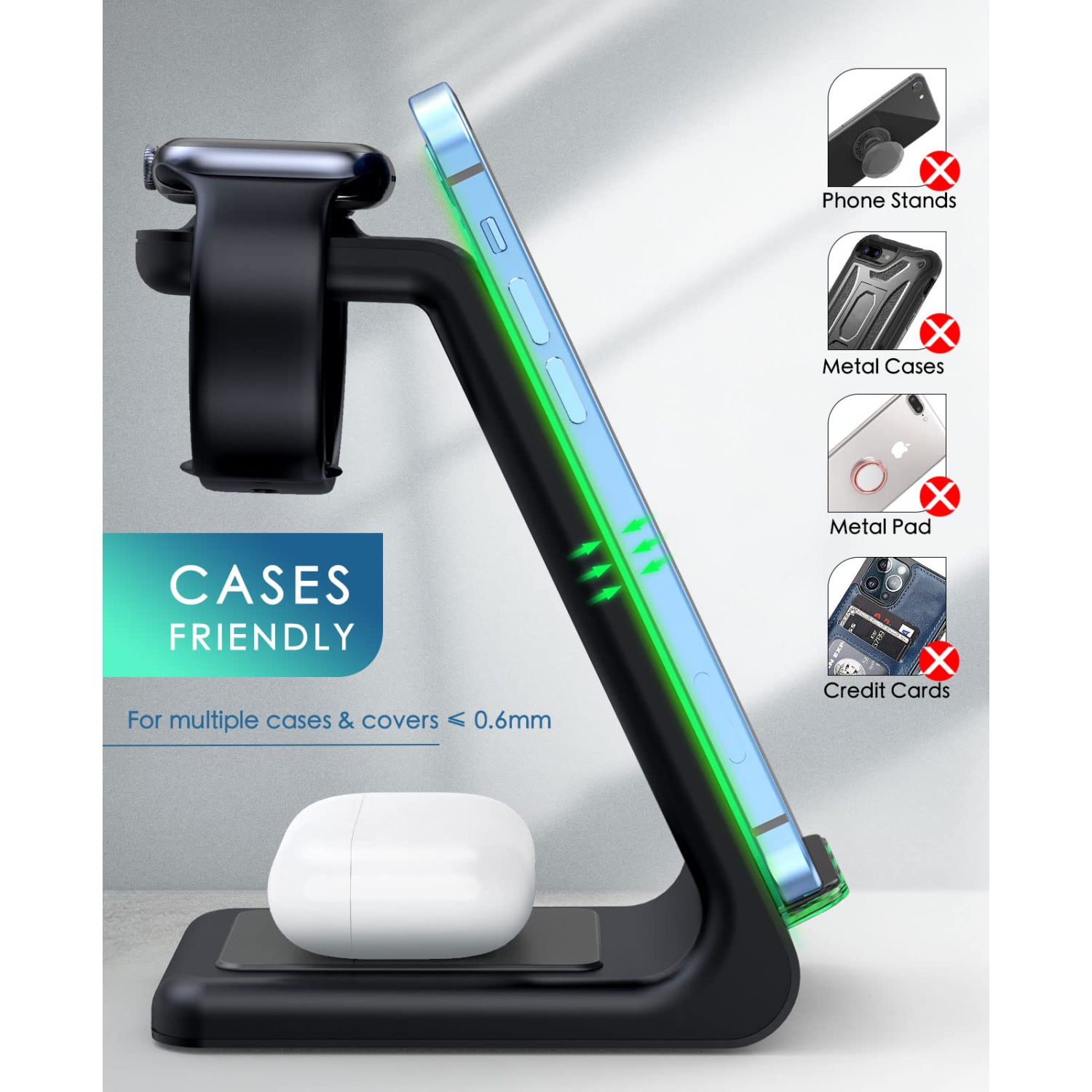 Wireless Charging Station, 3 in 1 Fast Desk Charging Station, Wireless Charger Stand for iPhone 15/14/13 /8/8 Plus, AirPods 3/2/pro, iWatch Series