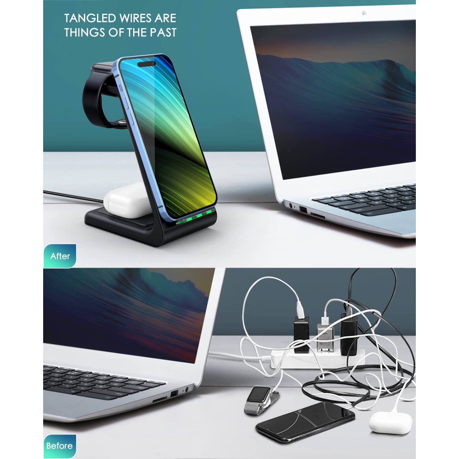 Wireless Charging Station, 3 in 1 Fast Desk Charging Station, Wireless Charger Stand for iPhone 15/14/13 /8/8 Plus, AirPods 3/2/pro, iWatch Series