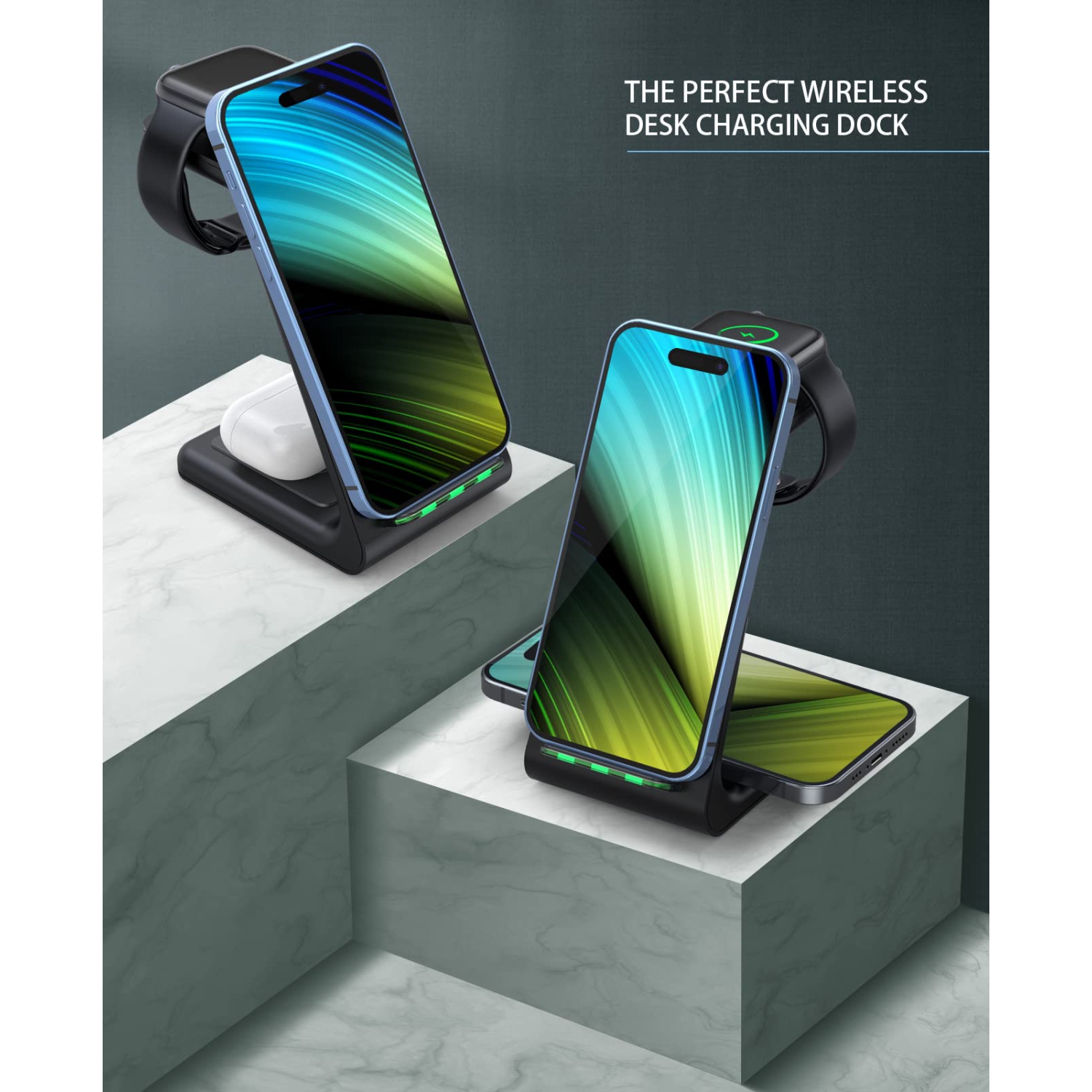 Wireless Charging Station, 3 in 1 Fast Desk Charging Station, Wireless Charger Stand for iPhone 15/14/13 /8/8 Plus, AirPods 3/2/pro, iWatch Series