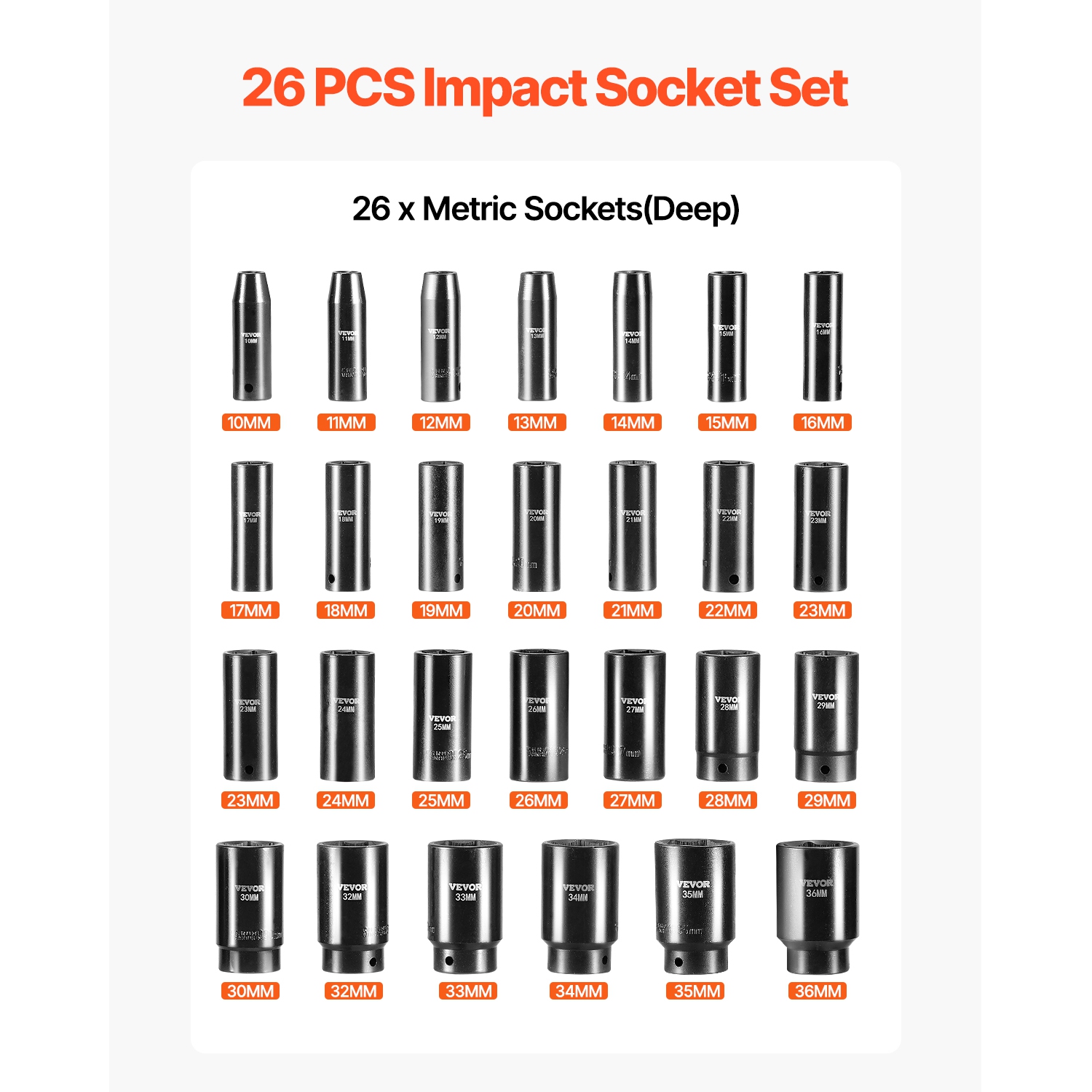 VEVOR 1/2" Impact Socket Set, 26 Piece Impact Sockets, Deep Socket, 6-Point Sockets, 1/2 Inches Drive Socket Set Impact Metric 10mm - 36mm, Cr-V