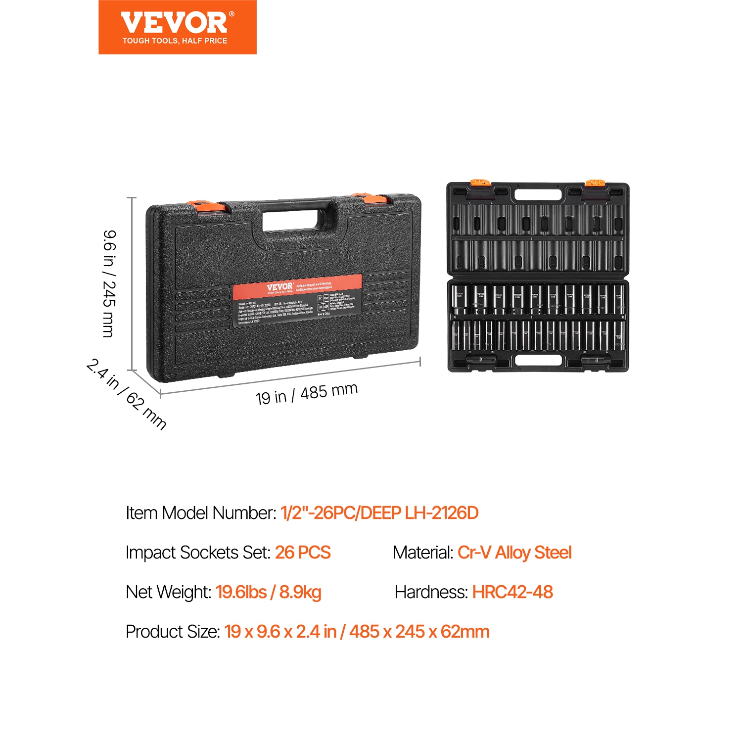 VEVOR 1/2" Impact Socket Set, 26 Piece Impact Sockets, Deep Socket, 6-Point Sockets, 1/2 Inches Drive Socket Set Impact Metric 10mm - 36mm, Cr-V