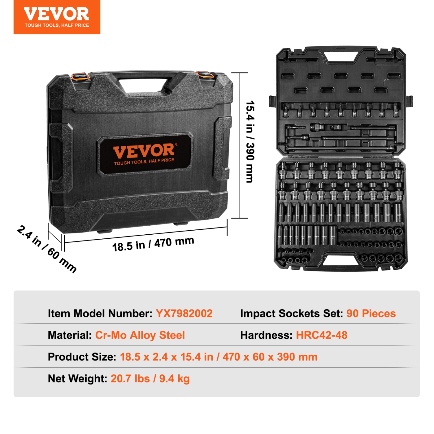 VEVOR 3/8" Drive Impact Socket Set, SAE 1/4"-3/4" and Metric 6-19mm 90 Piece Socket Set, 6 Point Cr-Mo Alloy Steel,Includes Extension Bars Universal