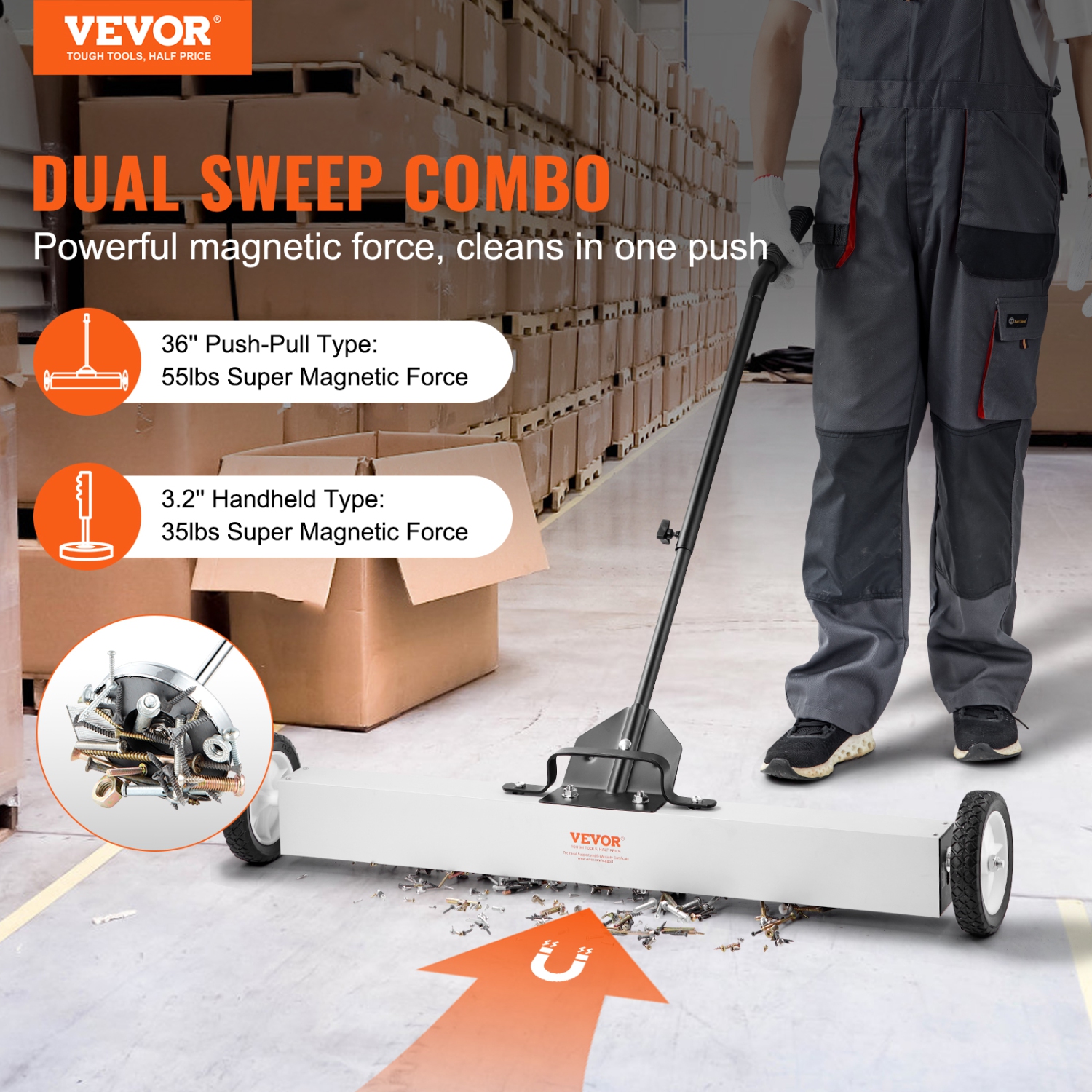 VEVOR 36-Inch Magnetic Sweeper with Wheels, 55 lbs Capacity, with Telescoping Magnetic Pickup Tool, Adjustable Handle, Magnetic Pickup Sweeper to