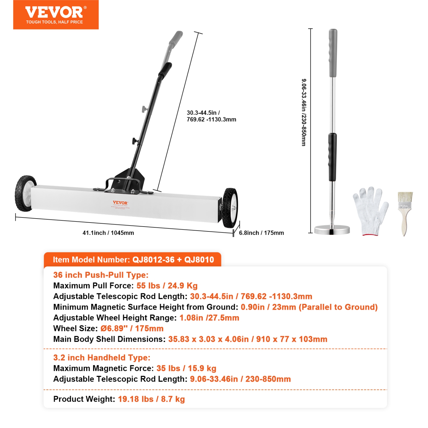 VEVOR 36-Inch Magnetic Sweeper with Wheels, 55 lbs Capacity, with Telescoping Magnetic Pickup Tool, Adjustable Handle, Magnetic Pickup Sweeper to
