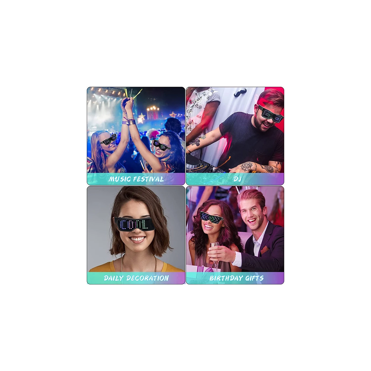 Lunettes LED pour adultes, lunettes LED Bluetooth à écran personnalisable PAR APPLICATION, parfaites pour Noël, Halloween et fêtes d'anniversaire