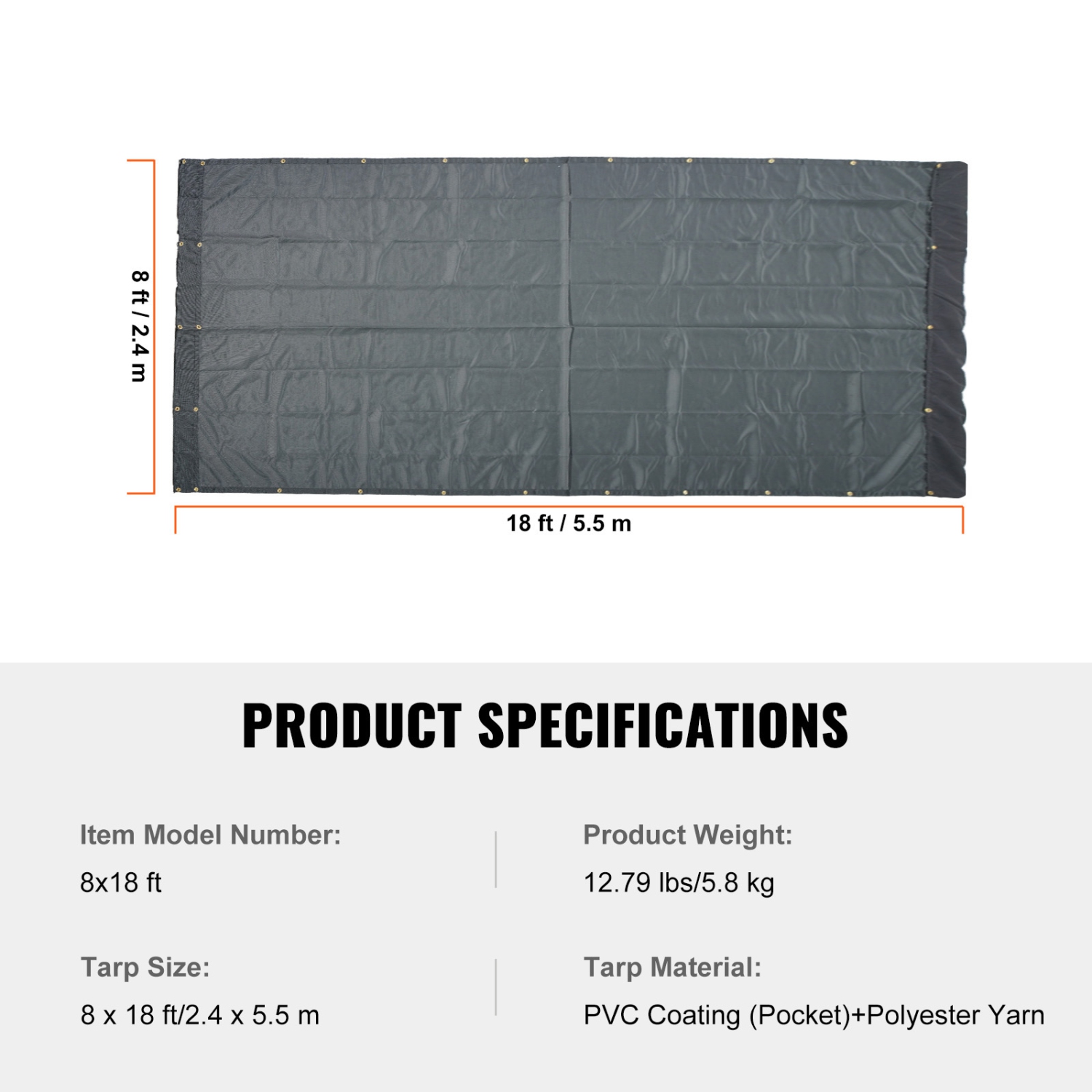 VEVOR 8 x 18 ft Dump Truck Mesh Tarp, PVC Coated Black Cover with 5.5" 18oz Double Pocket, Brass Grommets, Double Needle Stitch Webbing Fits Manual