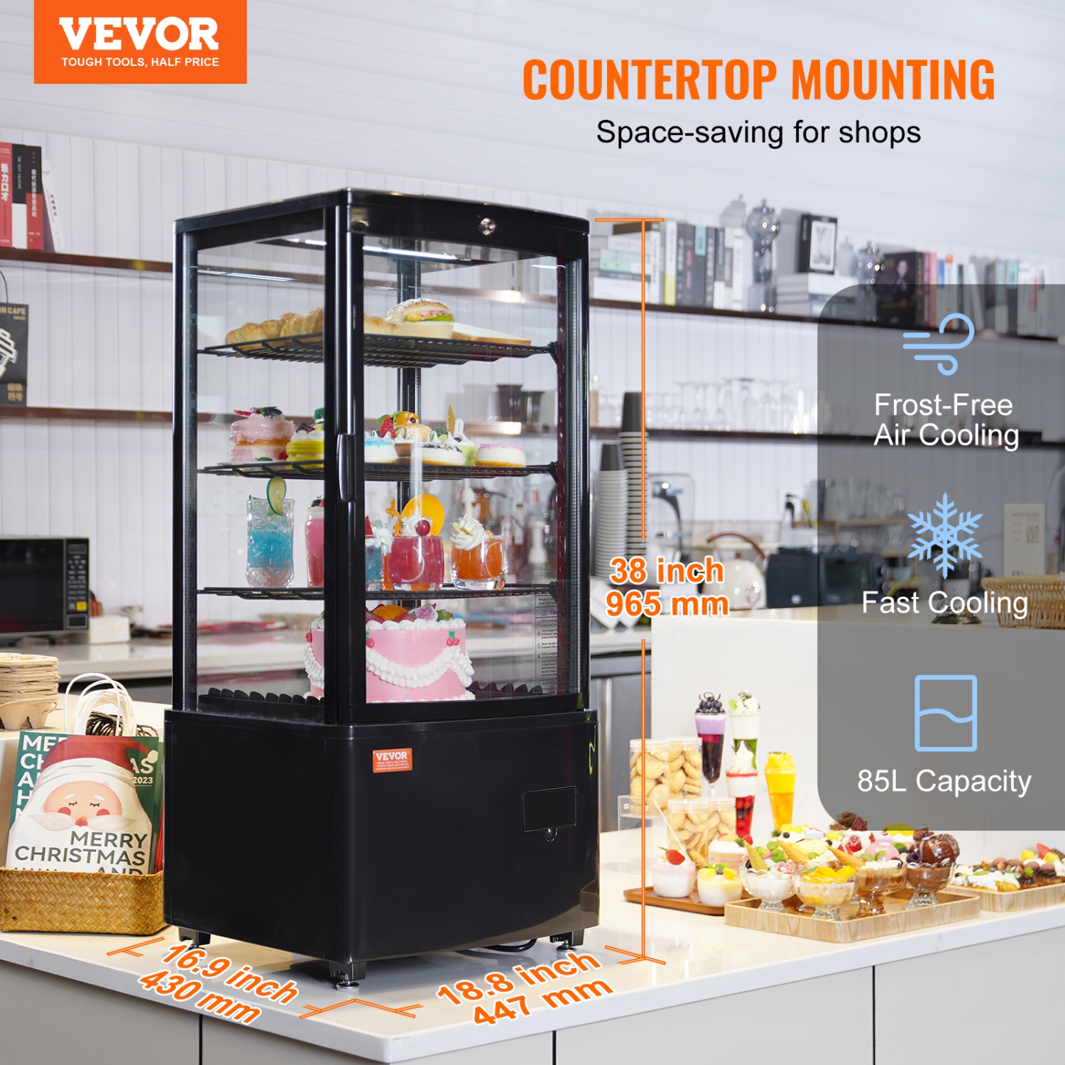 VEVOR 3 Cu.Ft./85L Countertop Pastry Display Case, 3-Tier Commercial Display Refrigerator with LED Lighting, TURBO Cooling, Frost-Free Air-Cooling,