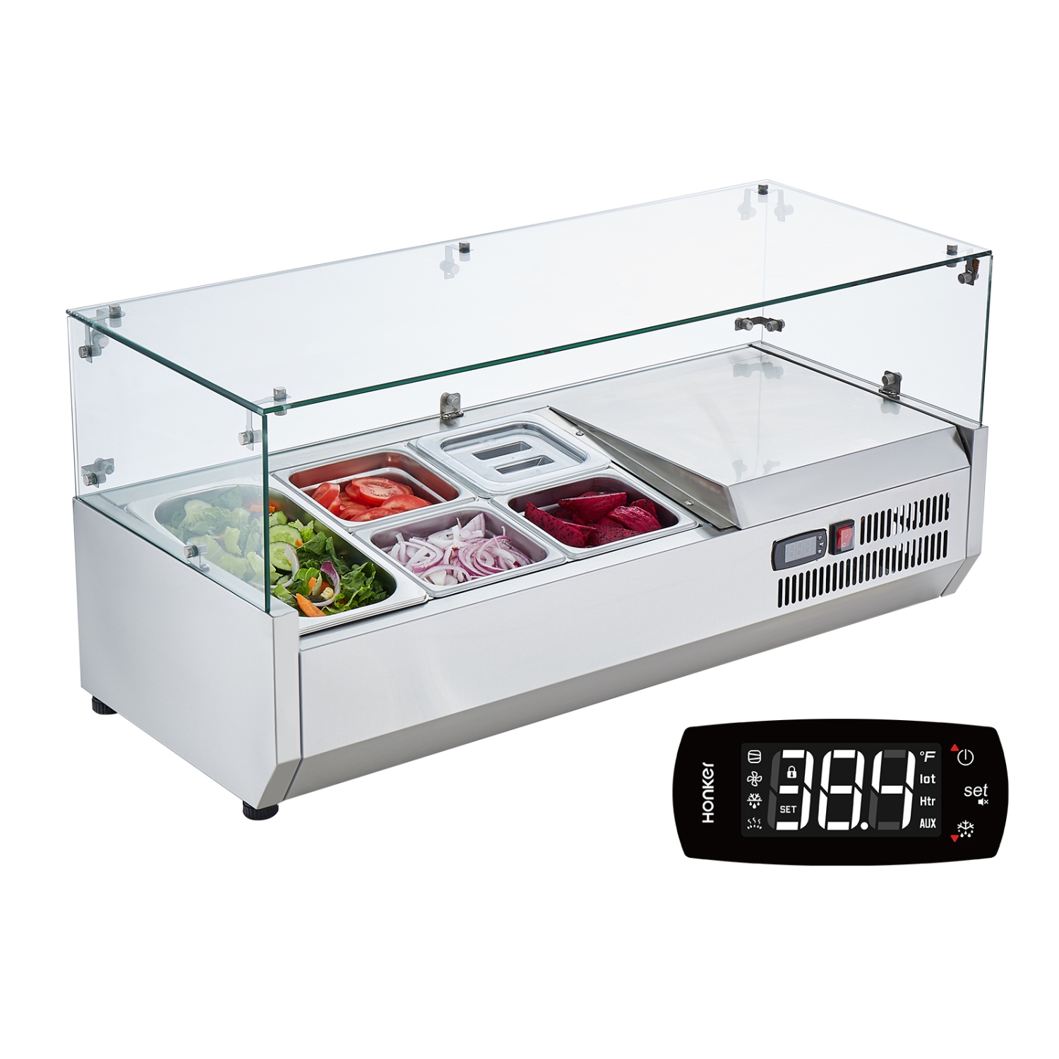 VEVOR 130 W Countertop Refrigerated Condiment Station, with 1 1/3 Pan & 4 1/6 Pans, 304 Stainless Body and PC Lid, Sandwich Prep Table with Glass