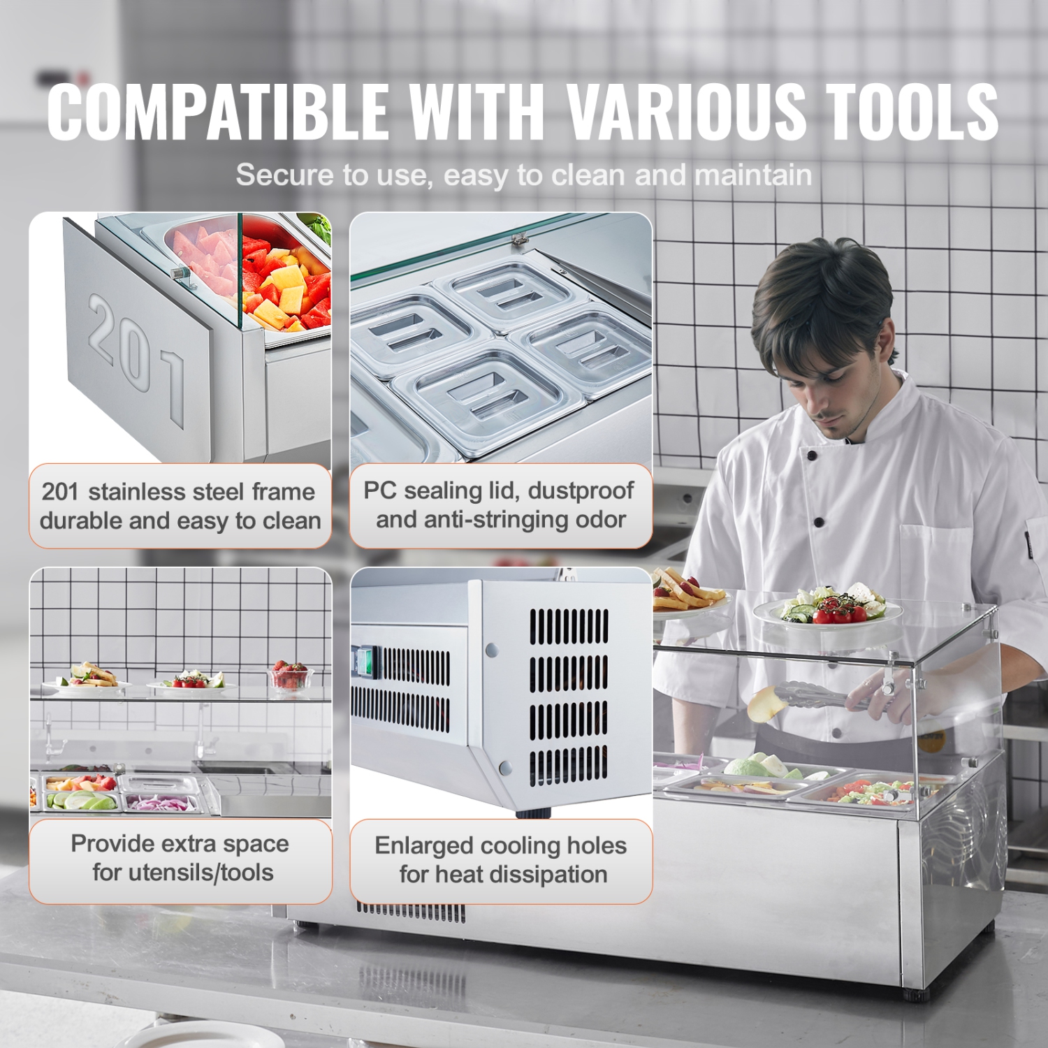 VEVOR 130 W Countertop Refrigerated Condiment Station, with 1 1/3 Pan & 4 1/6 Pans, 304 Stainless Body and PC Lid, Sandwich Prep Table with Glass