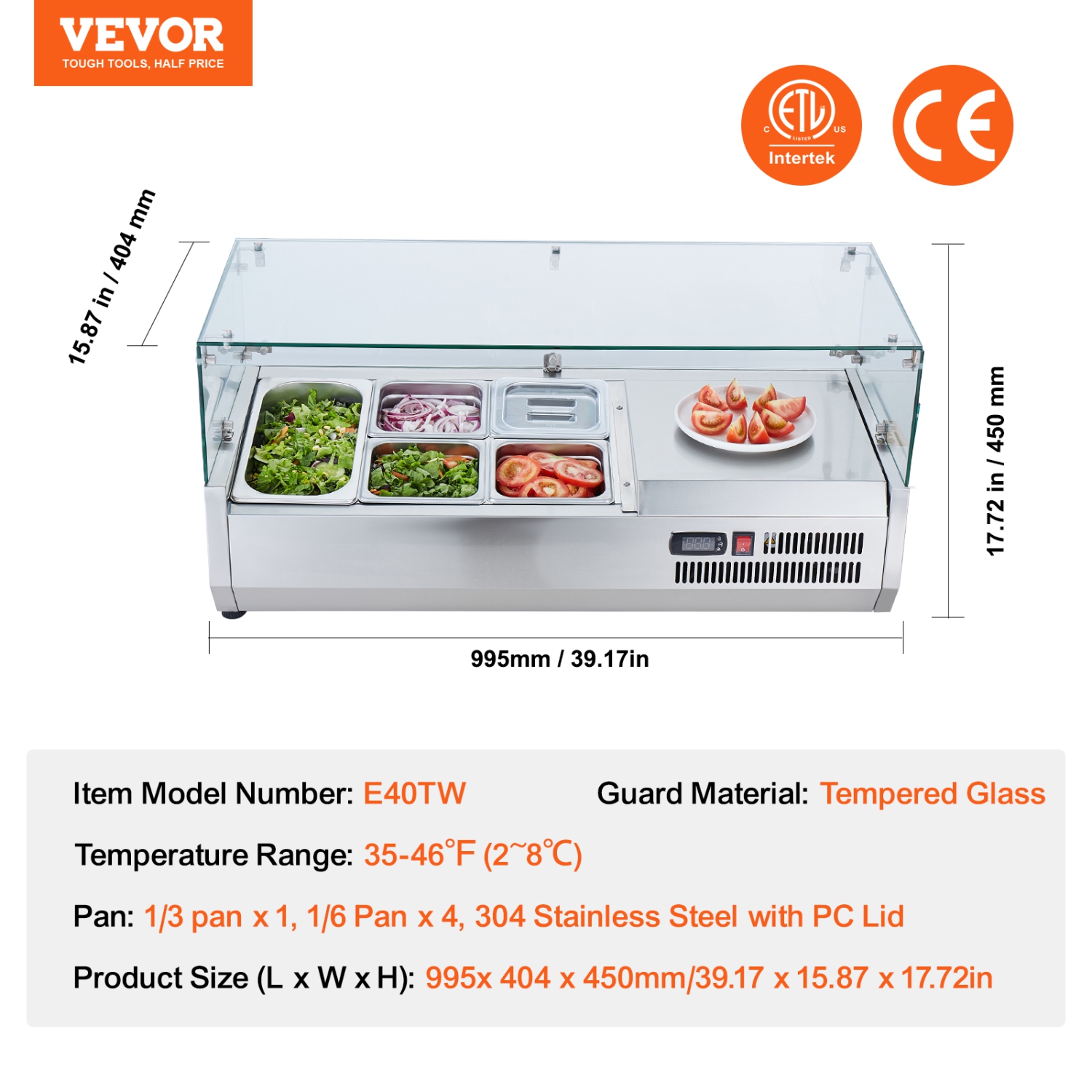 VEVOR 130 W Countertop Refrigerated Condiment Station, with 1 1/3 Pan & 4 1/6 Pans, 304 Stainless Body and PC Lid, Sandwich Prep Table with Glass