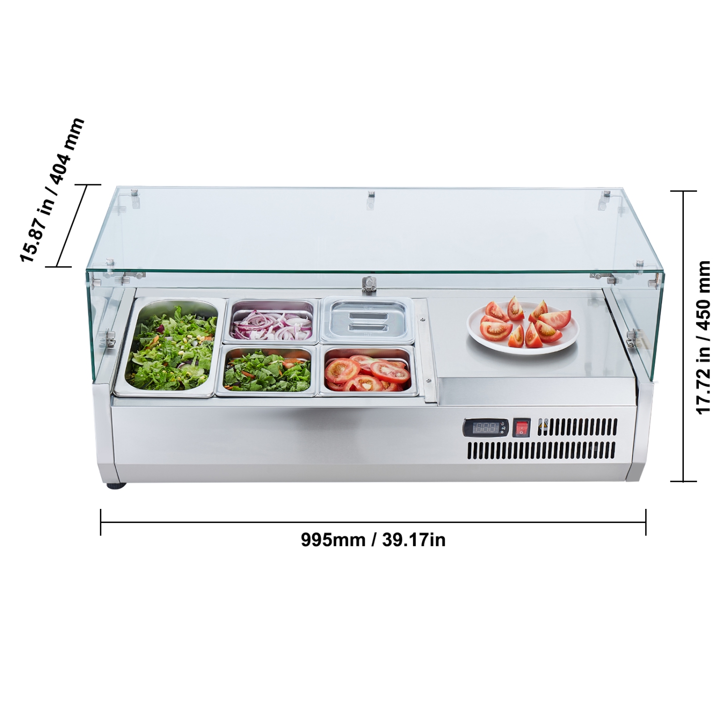 VEVOR 130 W Countertop Refrigerated Condiment Station, with 1 1/3 Pan & 4 1/6 Pans, 304 Stainless Body and PC Lid, Sandwich Prep Table with Glass