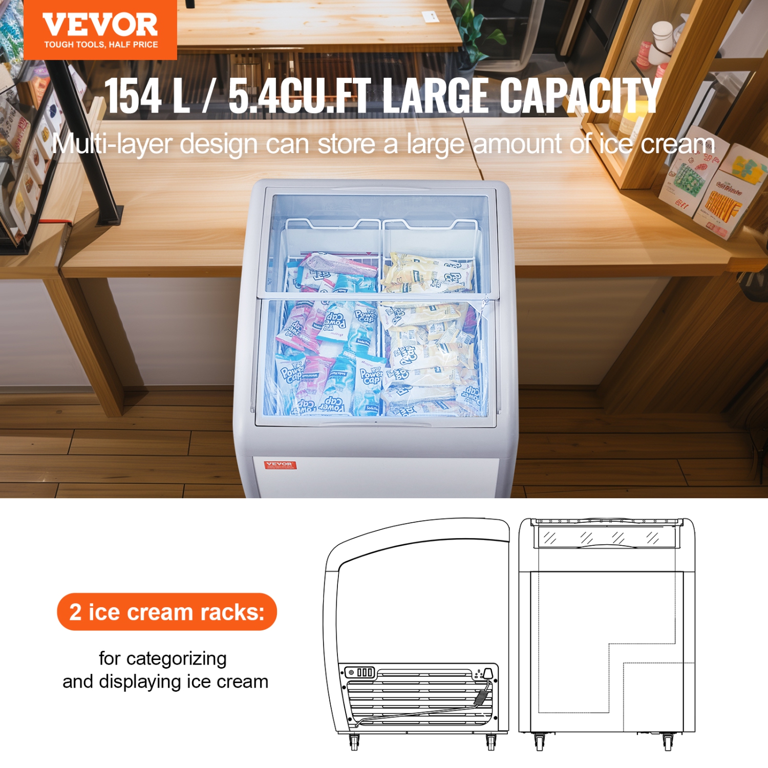 VEVOR 5.4 Cu.ft Commercial Ice Cream Display Case,Mobile Glass Top Deep Freezer,Restaurant Gelato Dipping Cabinet with 2 Wire Baskets,2 Sliding Glass