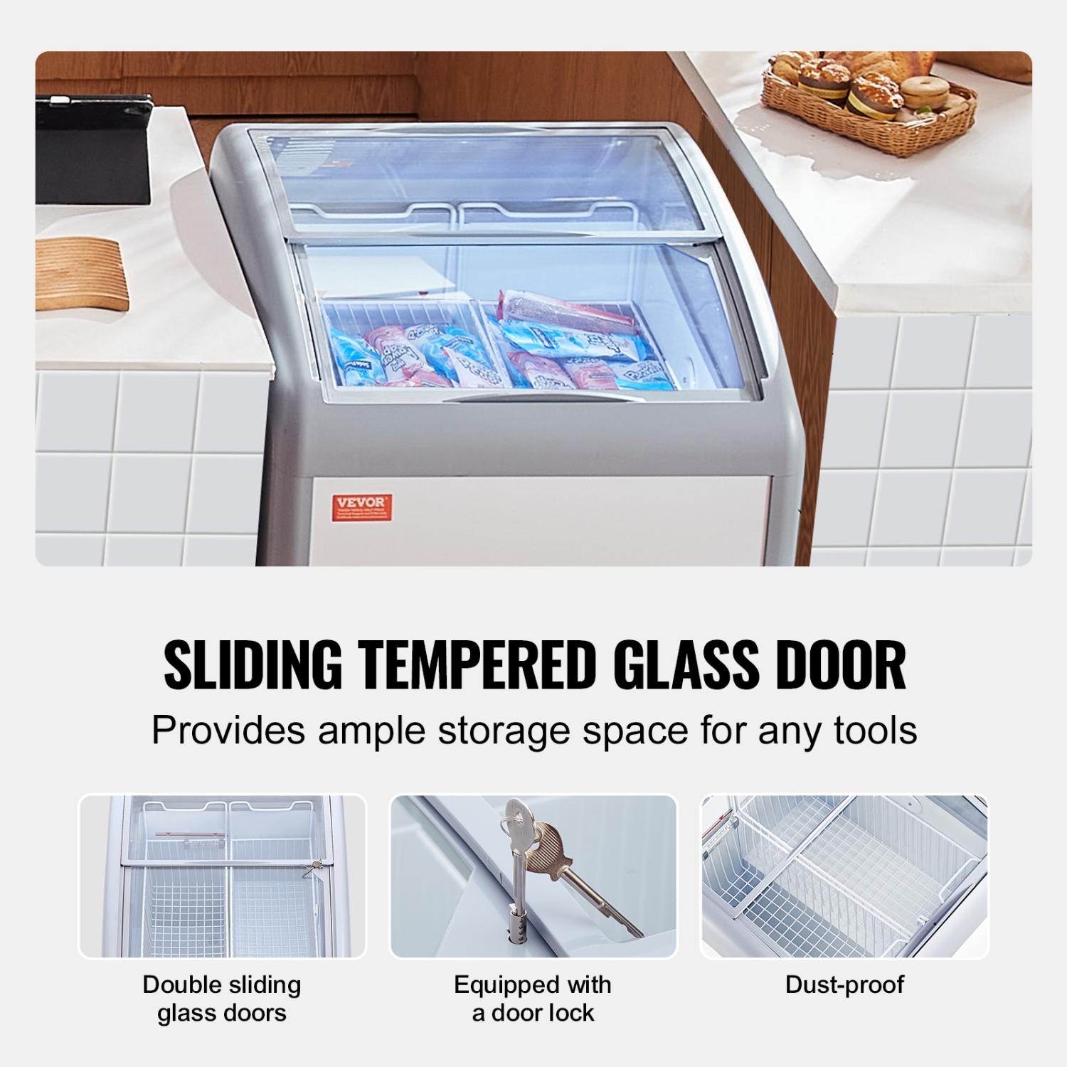 VEVOR 5.4 Cu.ft Commercial Ice Cream Display Case,Mobile Glass Top Deep Freezer,Restaurant Gelato Dipping Cabinet with 2 Wire Baskets,2 Sliding Glass