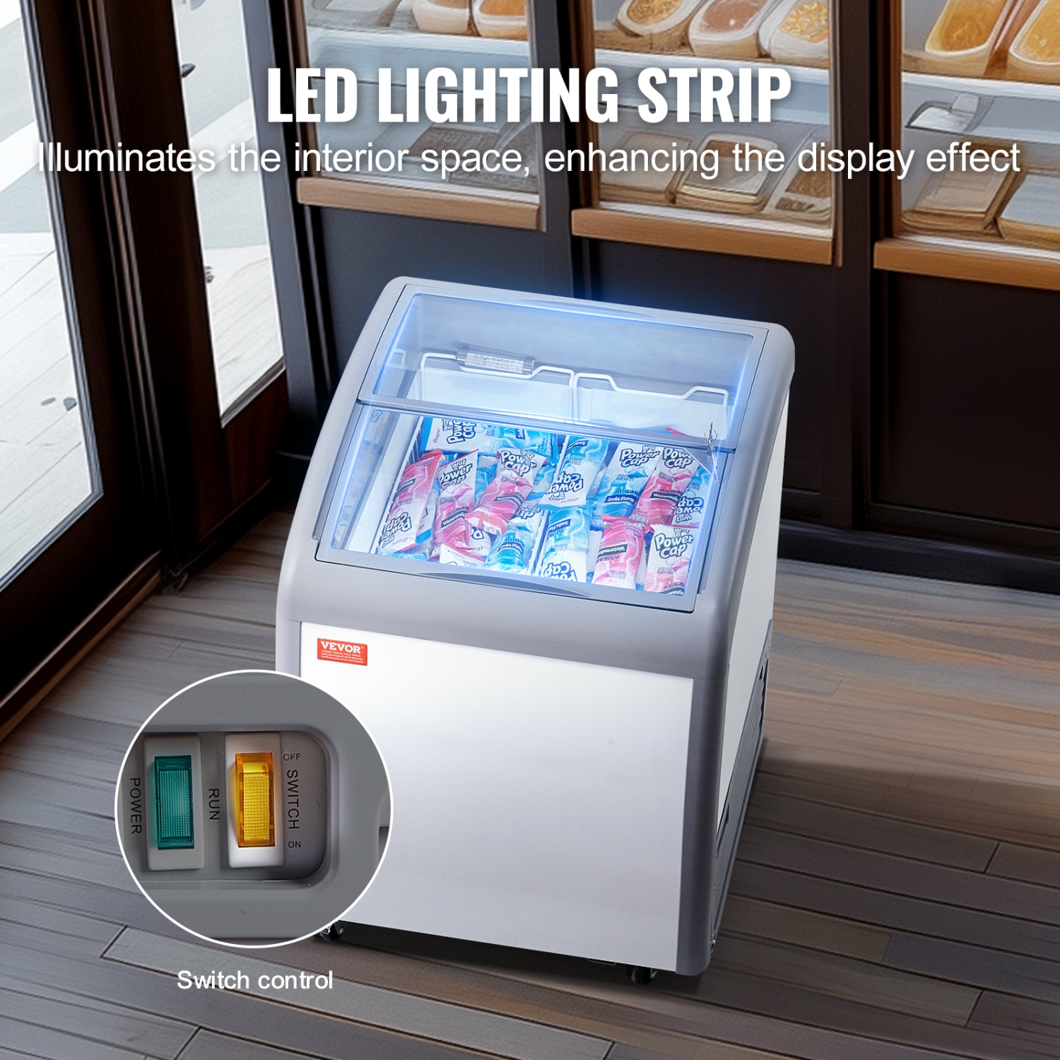 VEVOR 5.4 Cu.ft Commercial Ice Cream Display Case,Mobile Glass Top Deep Freezer,Restaurant Gelato Dipping Cabinet with 2 Wire Baskets,2 Sliding Glass