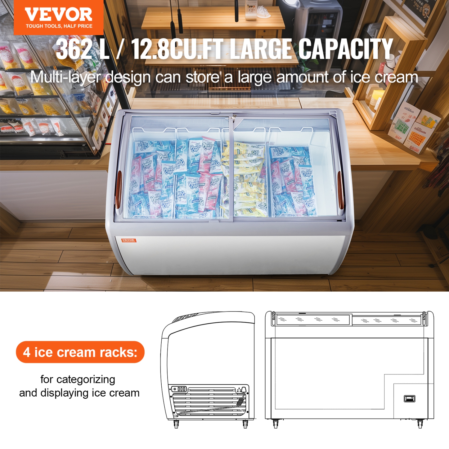 VEVOR 12.8 Cu.ft Commercial Ice Cream Display Case, Mobile Glass Freezer, Restaurant Gelato Dipping Cabinet with 4 Wire Baskets, 2 Sliding Glass