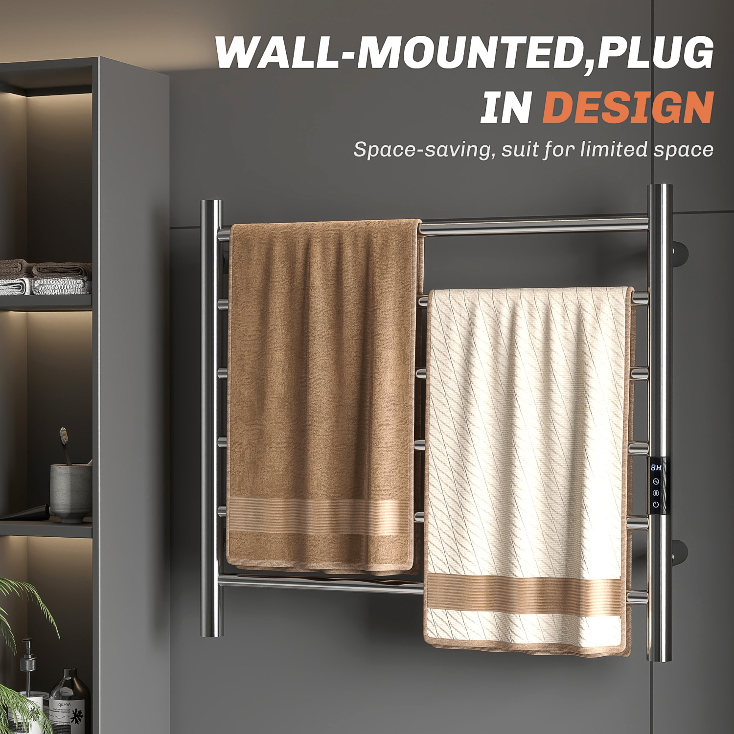 HOMCOM Towel Warmer, Stainless Steel Smart WiFi Heated Towel Rack for Bathroom, Wall Mounted with 6 Bars, Timer and Adjustable Temperature, Plug-in,