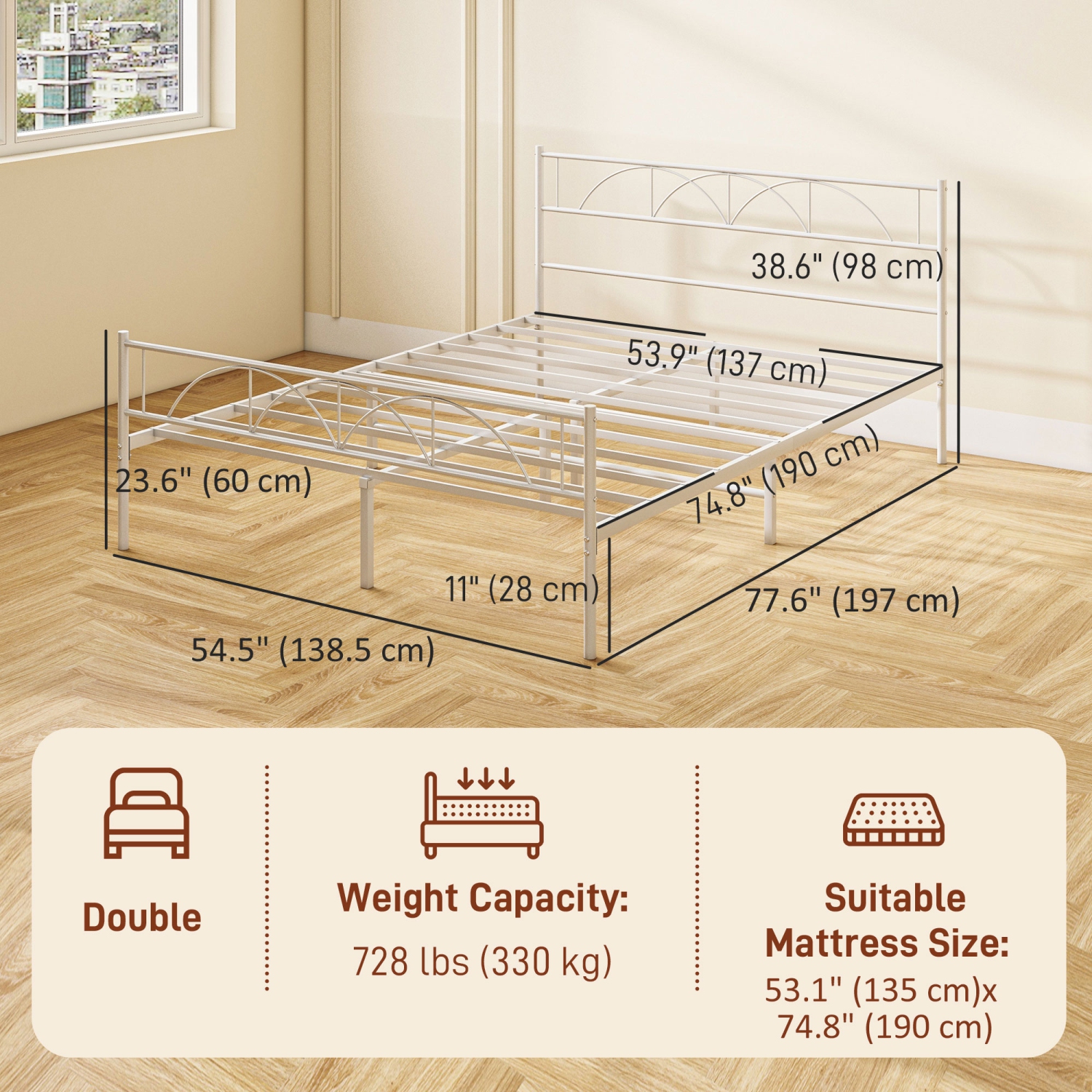 HOMCOM Full Bed Frame, Metal Platform Bed Frame with Headboard and Footboard, Steel Slat Support, Underbed Storage, No Box Spring Needed, Easy