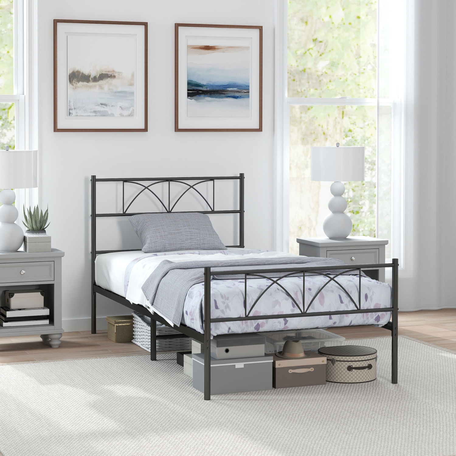 HOMCOM Twin Bed Frame, Metal Platform Bed Frame with Headboard and Footboard, Steel Slat Support, Underbed Storage, No Box Spring Needed, Easy