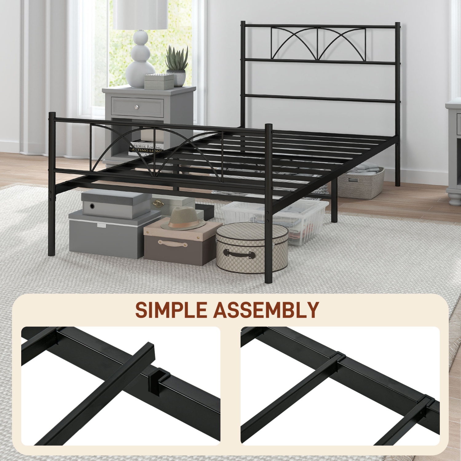 HOMCOM Twin Bed Frame, Metal Platform Bed Frame with Headboard and Footboard, Steel Slat Support, Underbed Storage, No Box Spring Needed, Easy