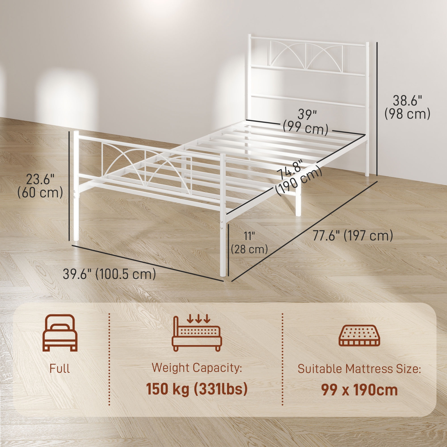 HOMCOM Twin Bed Frame, Metal Platform Bed Frame with Headboard and Footboard, Steel Slat Support, Underbed Storage, No Box Spring Needed, Easy