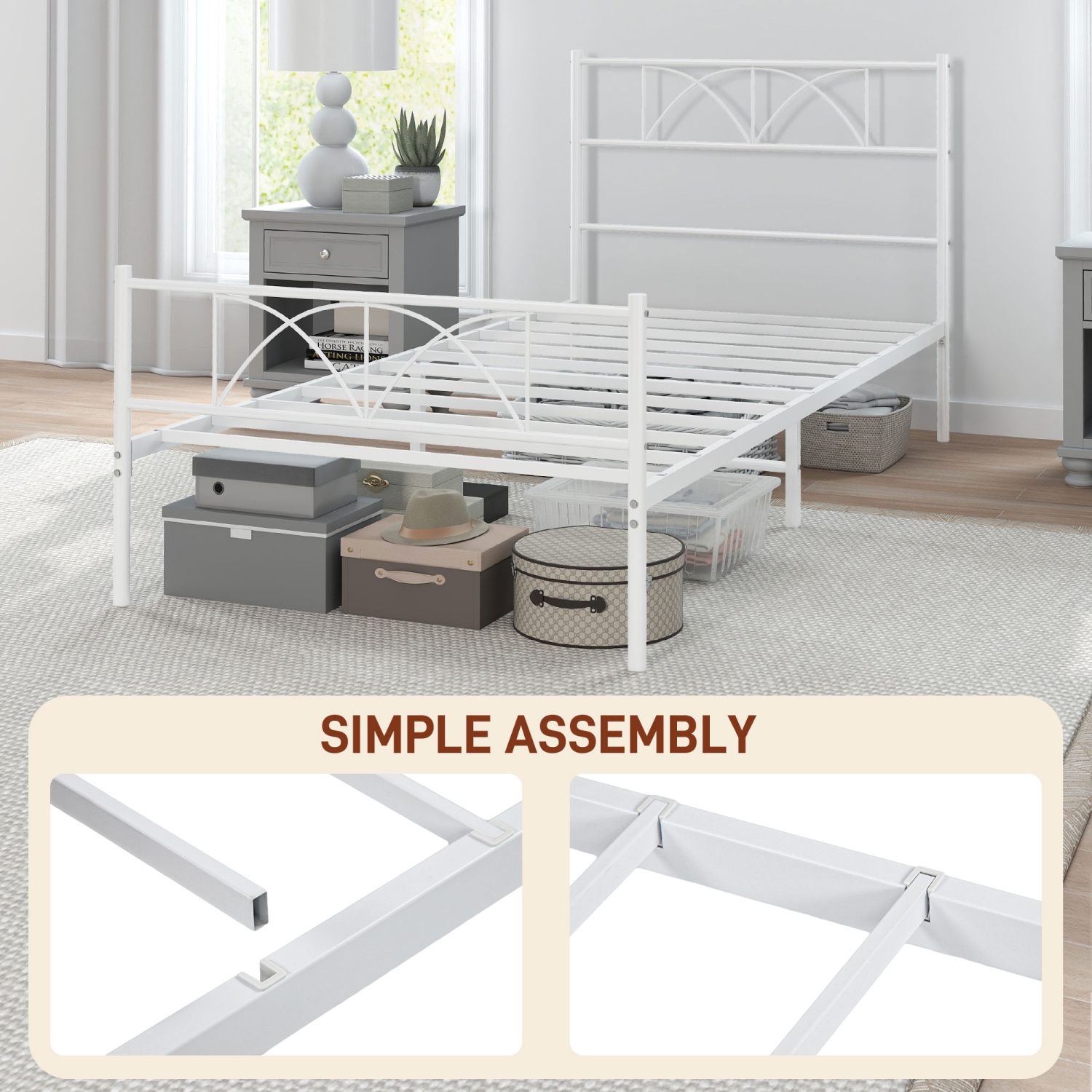 HOMCOM Twin Bed Frame, Metal Platform Bed Frame with Headboard and Footboard, Steel Slat Support, Underbed Storage, No Box Spring Needed, Easy