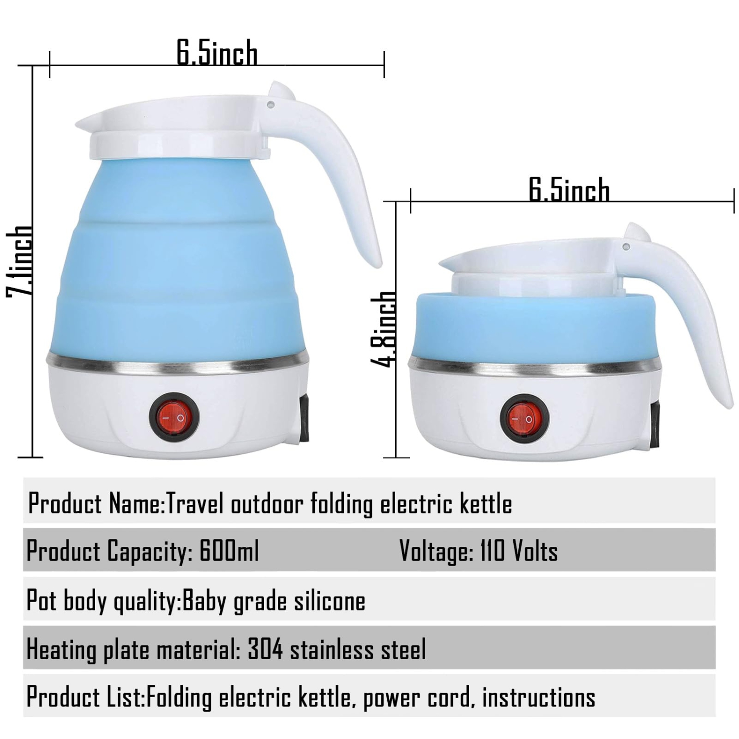 Bouilloire électrique de voyage Petite bouilloire portative pliable, Chauffe-eau pliante en silicone Théière pour le camping