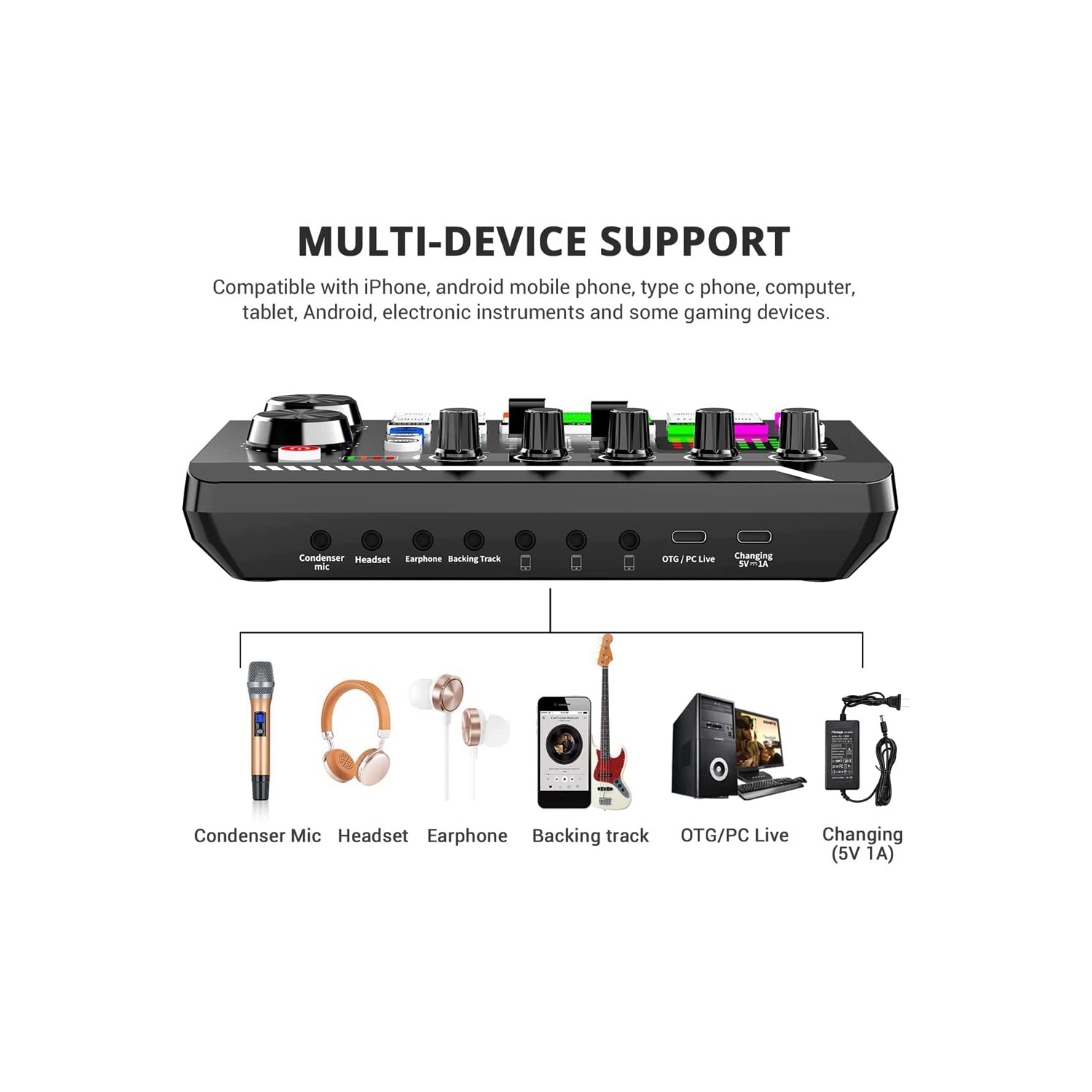 F998 Live Sound Card Audio Mixer Podcast, changeur de voix pour carte microphone Karaoke