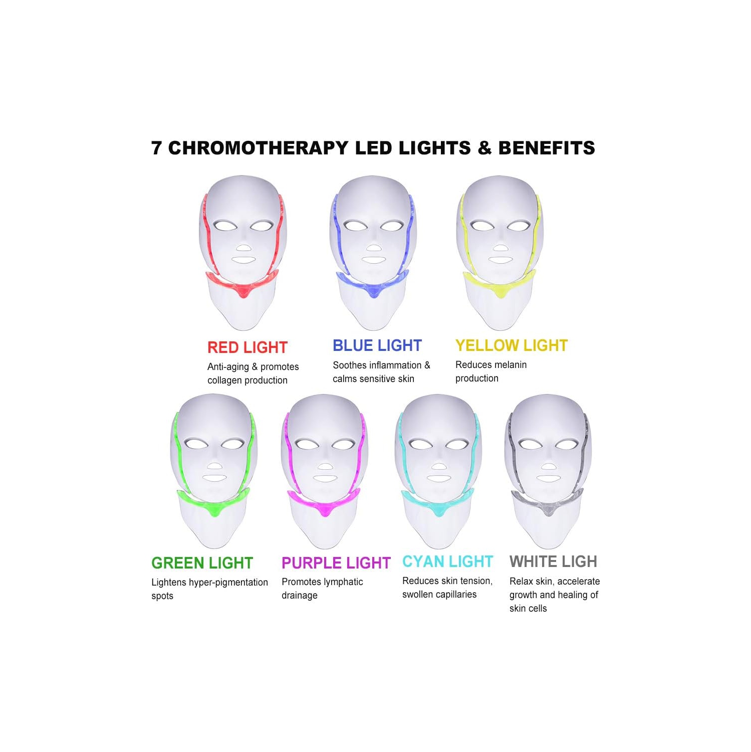 7-color LED light beauty instrument, photon face and neck mask, home beauty device for whitening and photorejuvenation