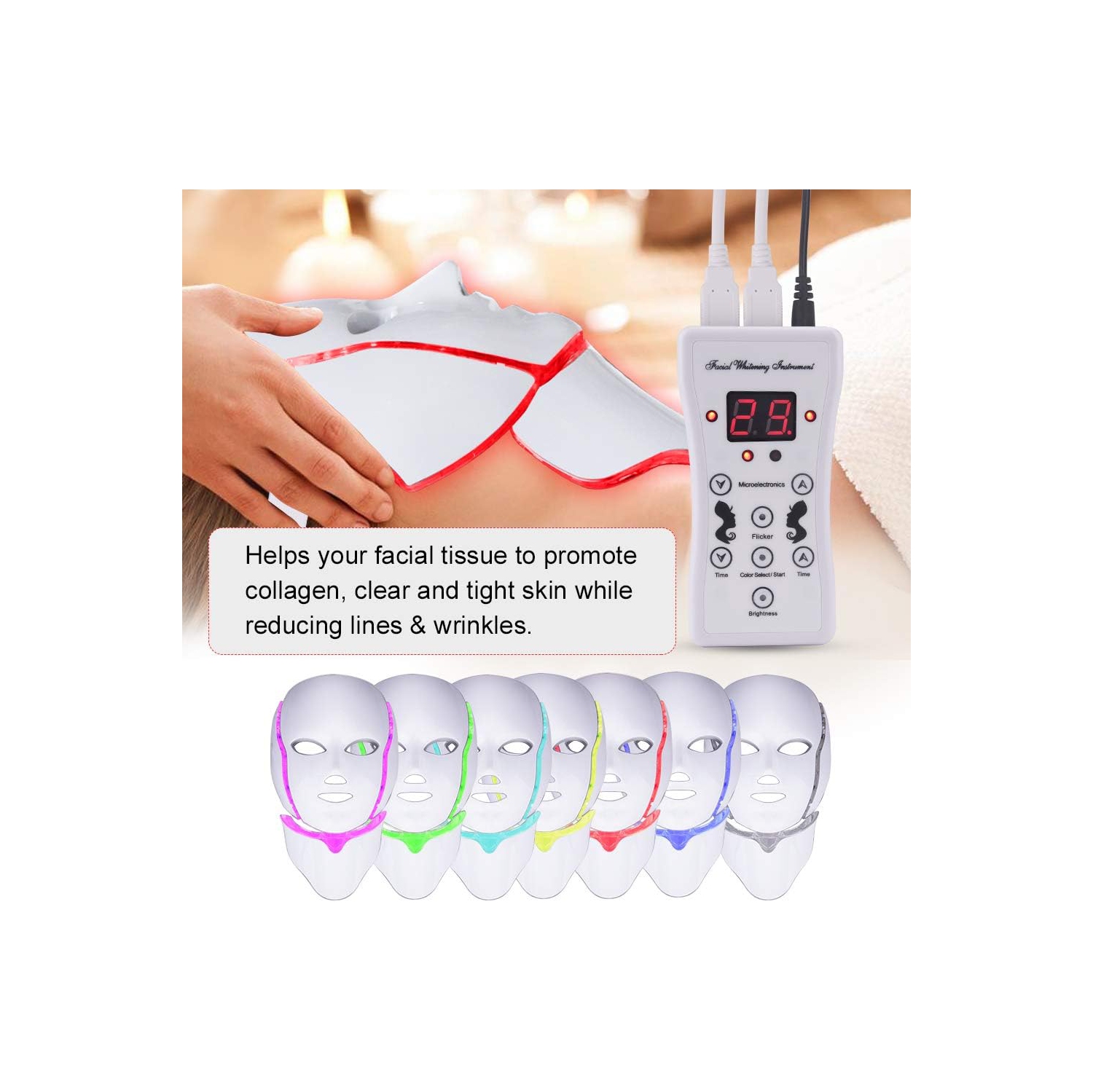 7-color LED light beauty instrument, photon face and neck mask, home beauty device for whitening and photorejuvenation