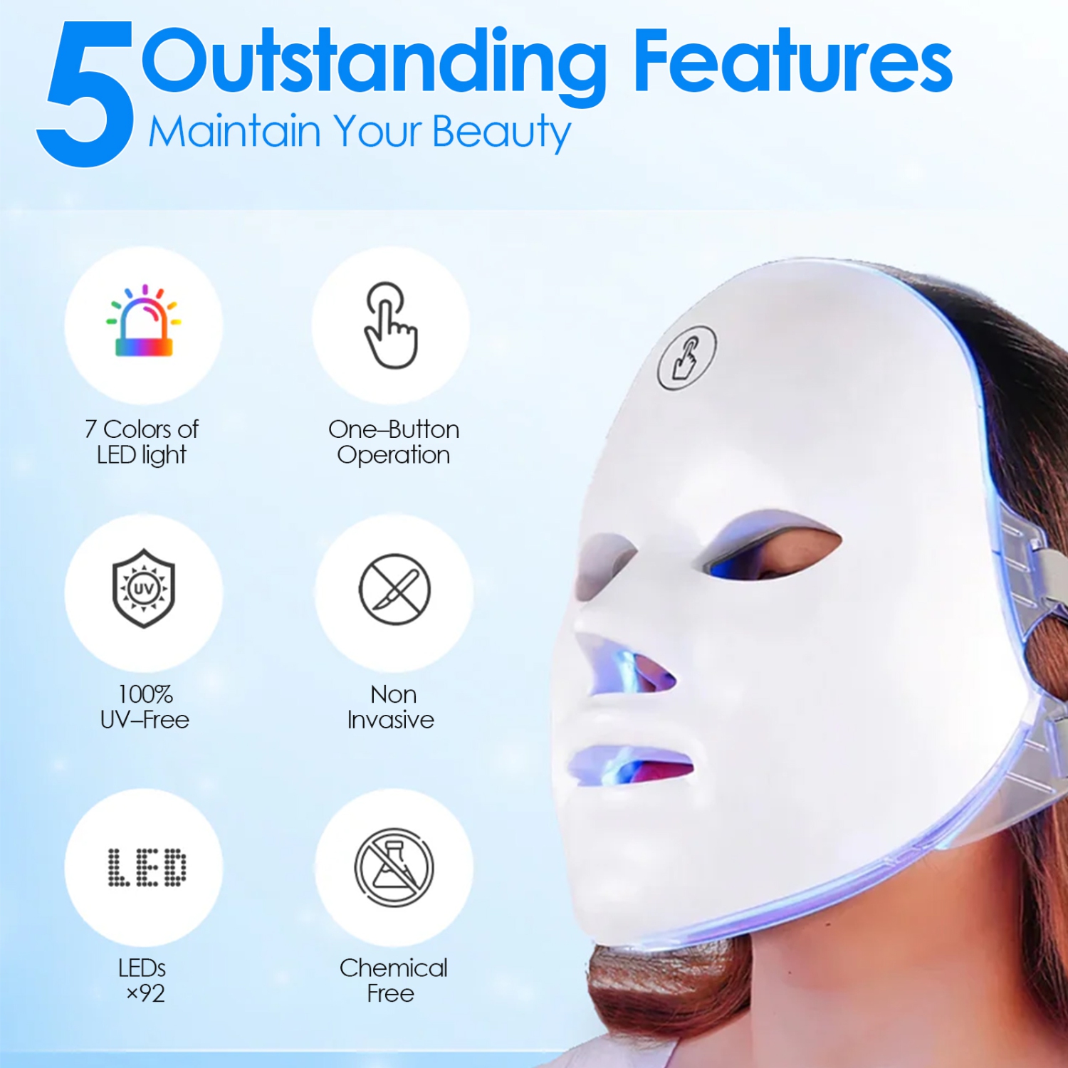 Masque à DEL 7 couleurs LED Masque léger, outils de soin de la peau, masque de beauté rechargeable LED pour la maison, revitaliser et améliorer votre