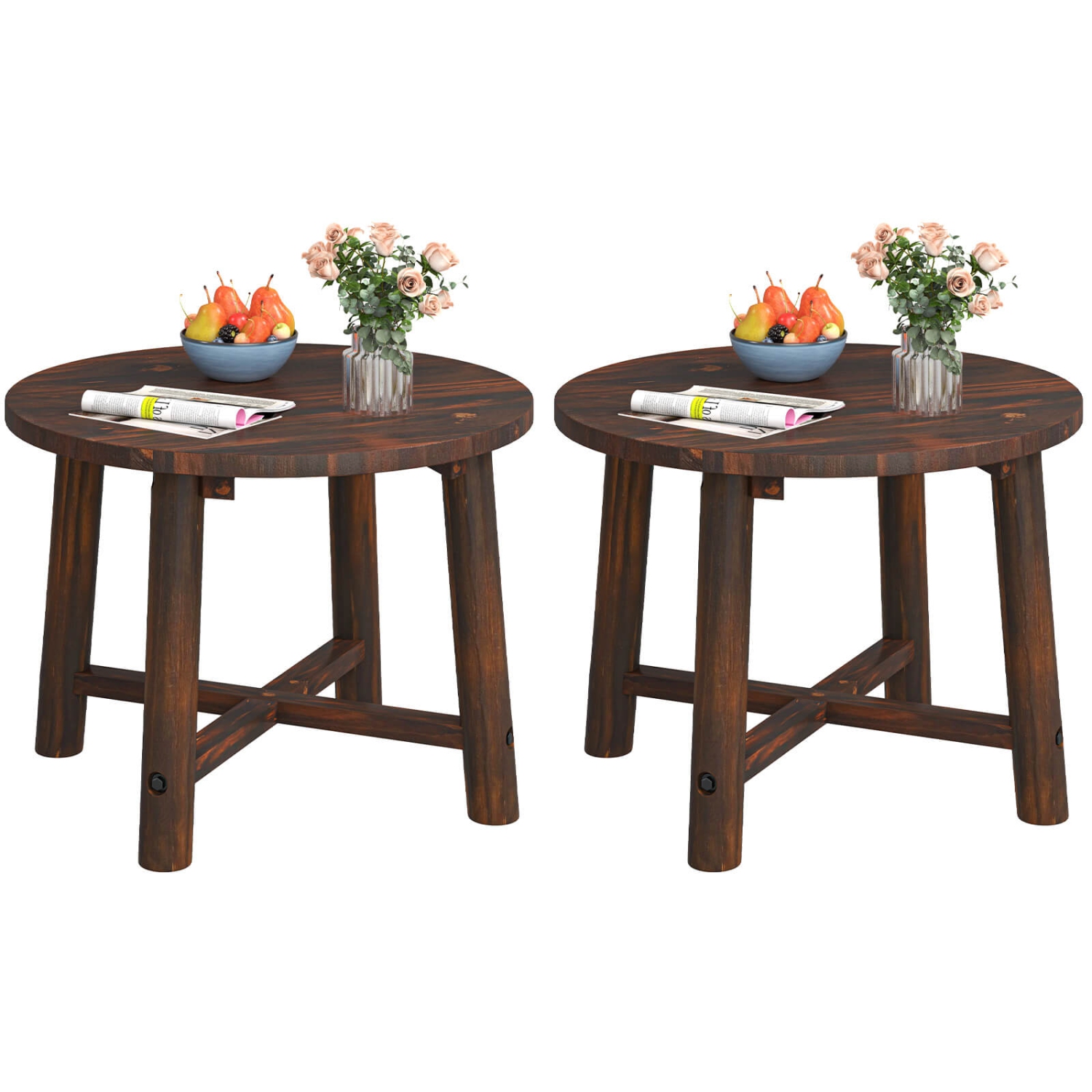 Costway 1/2 PCS Outdoor Side Table with Solid Wood Structure Small Round Coffee Table for Garden