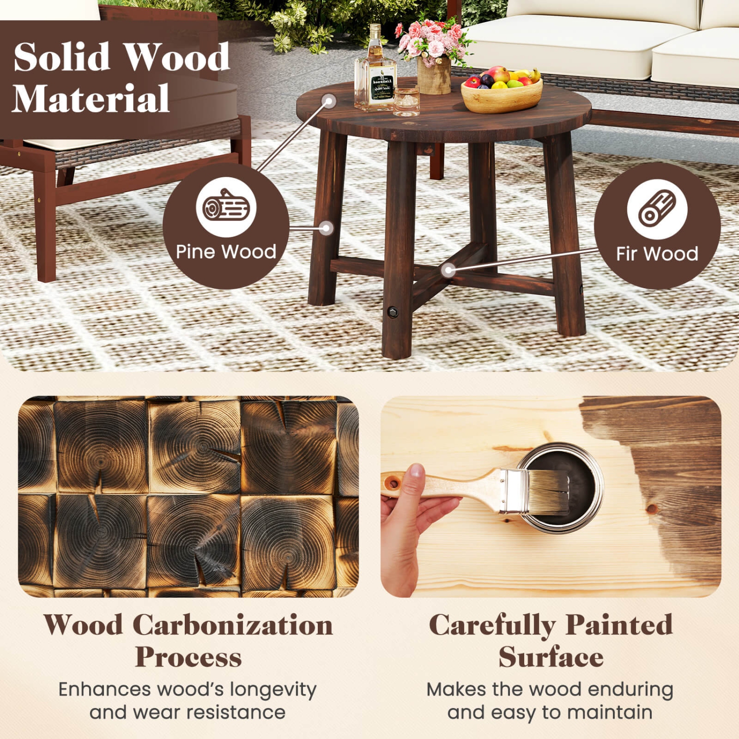 Costway 1/2 PCS Outdoor Side Table with Solid Wood Structure Small Round Coffee Table for Garden