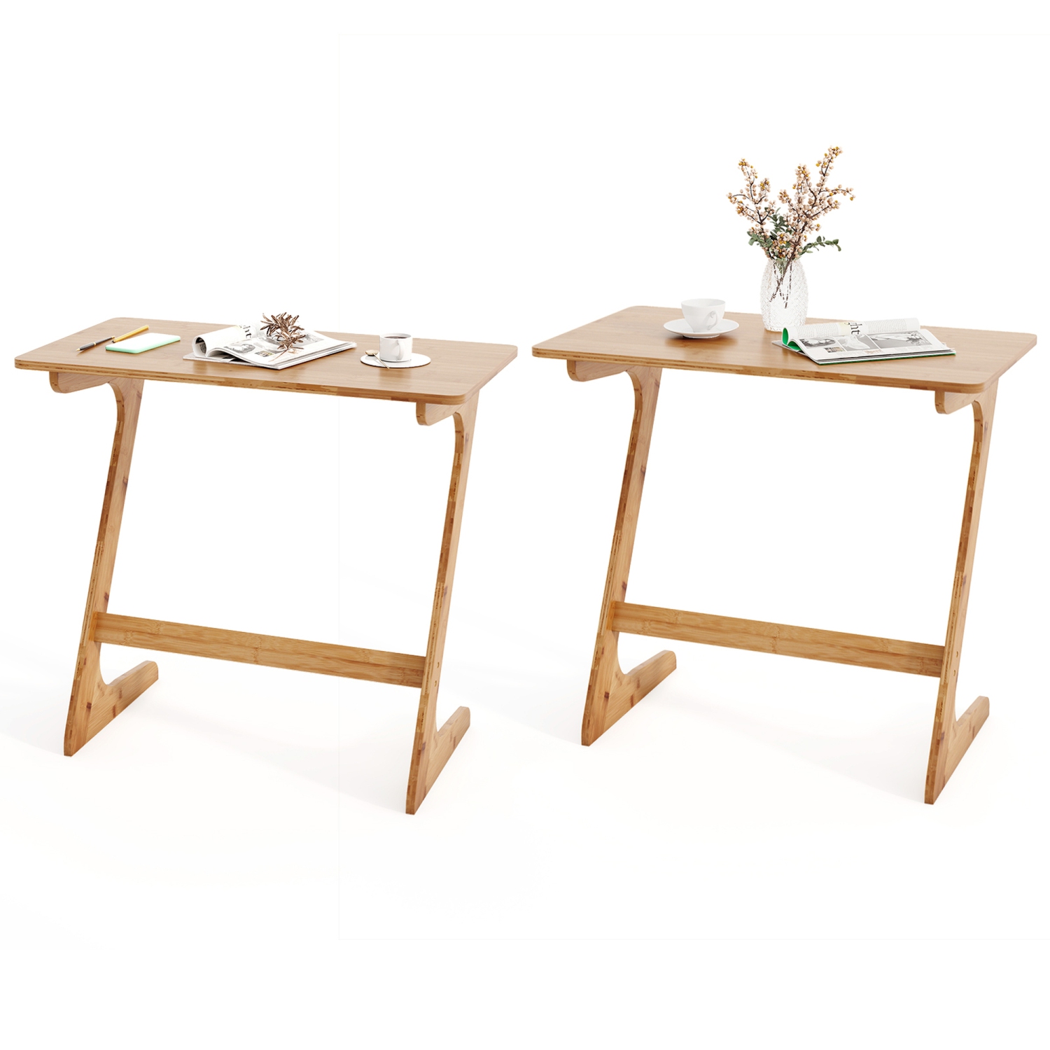 Costway 2 PCS Bamboo Sofa Side Table Z-Shaped Spacious Tabletop Space-Saving TV Snack Tray Natural/Brown