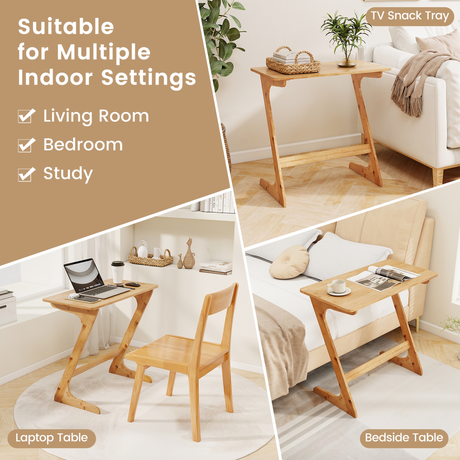 Costway 2 PCS Bamboo Sofa Side Table Z-Shaped Spacious Tabletop Space-Saving TV Snack Tray Natural/Brown